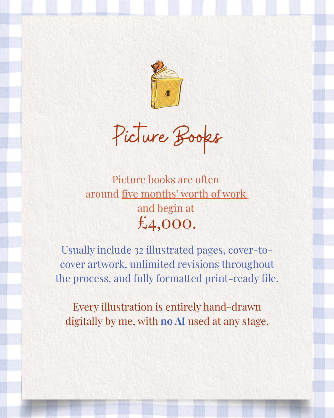 A flyer advertising handwritten illustrated picture books, costing £4,000, with details about the book's features and process, set against a background with blue and white checkered pattern.