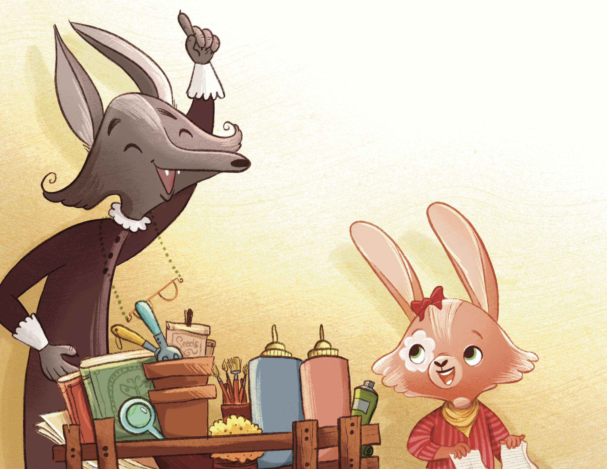 A cheerful cartoon fox and a smiling cartoon cat standing next to a cluttered table with books and art supplies, with a yellow textured background.