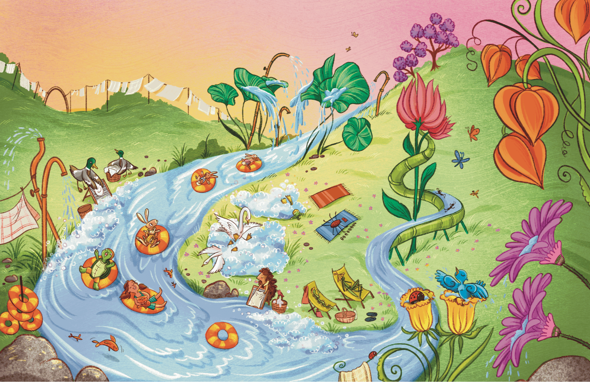Colorful illustration of a lively stream running through a vibrant garden with insects, animals, and plants, including large flowers and pumpkins, under a pink sky.