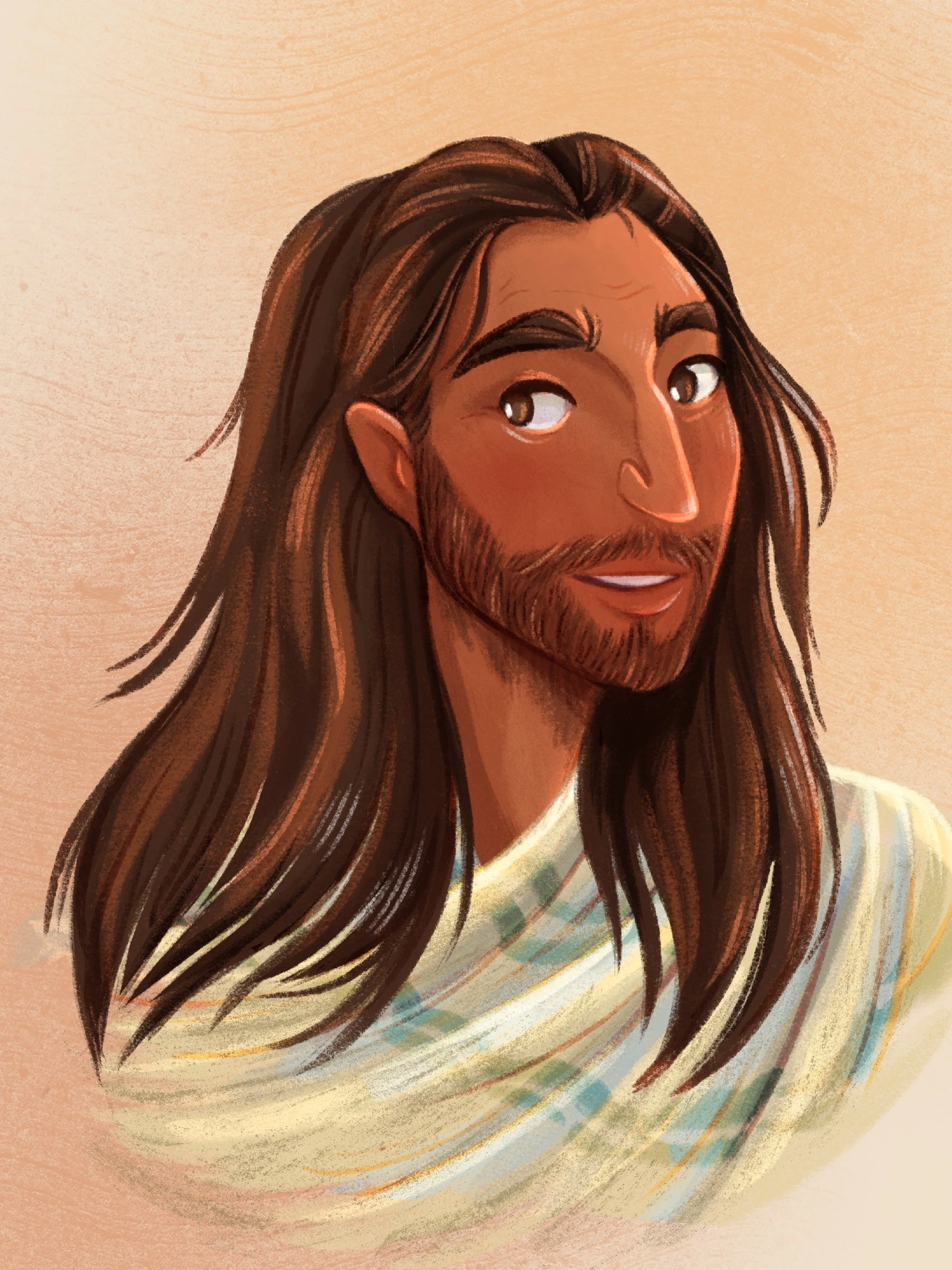 Digital illustration of a man with long brown hair, a beard, and a friendly expression, wearing a multicolored striped shirt.