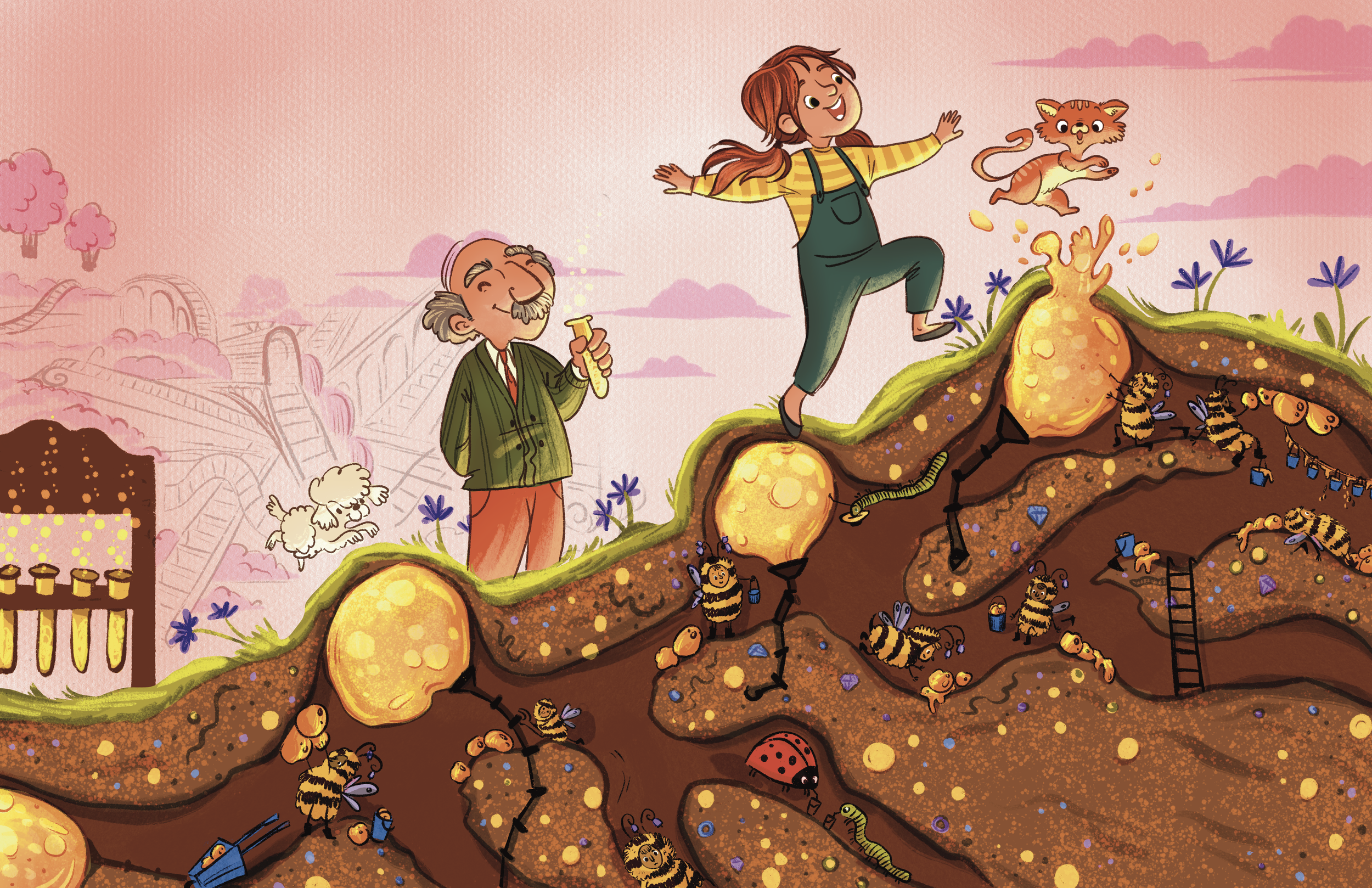 A whimsical illustration of a garden with bees, flowers, and a cross-section of soil showing underground insects like worms, beetles, and larvae, with a girl balancing on a mound of earth, an older man holding a magnifying glass, and a playful kitten nearby.