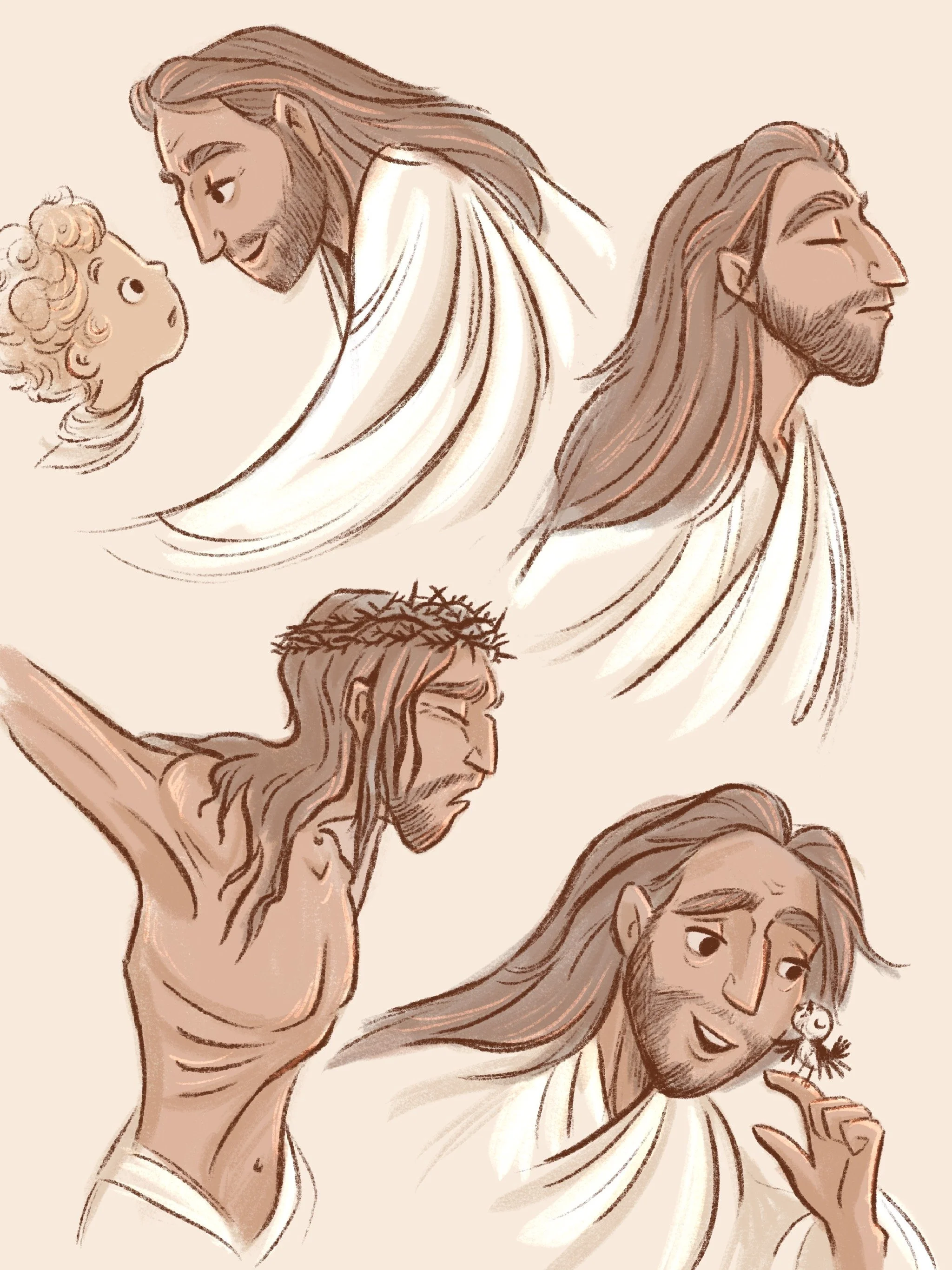 Illustration of Jesus with long hair and beard, holding a small bird with flowers, surrounded by other figures with long hair and similar features.