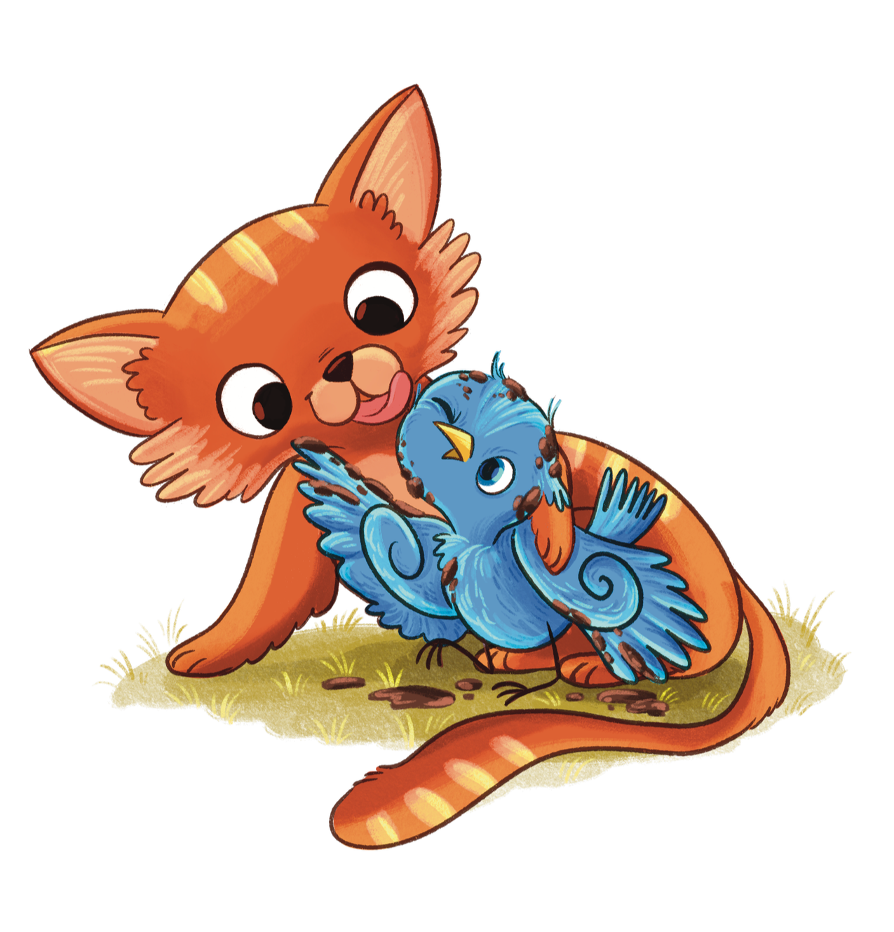 Cute illustration of a smiling orange kitten and a blue bird hugging on grass.