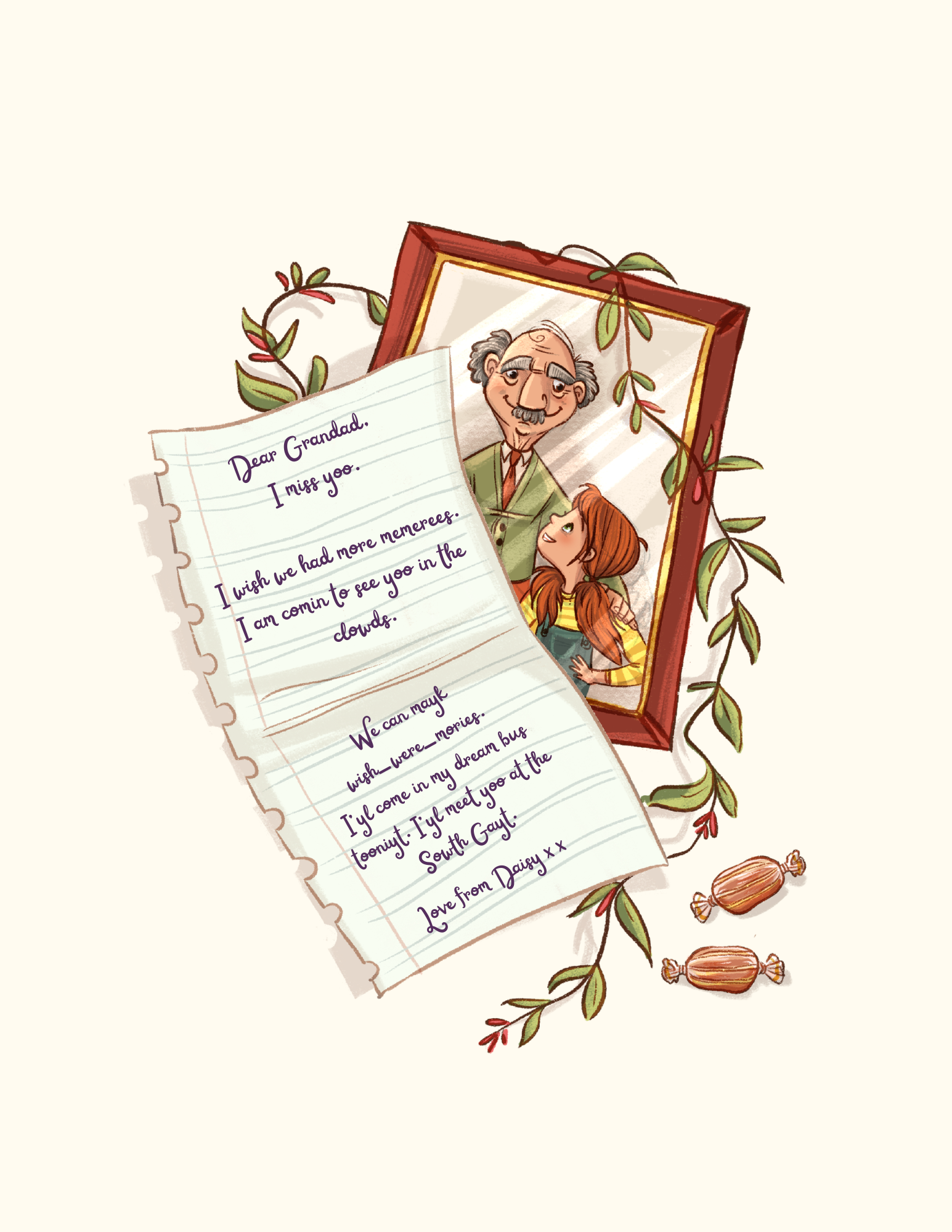 A framed photo of an elderly man and a young girl, decorated with leaves. A handwritten letter is draped over the photo, expressing love to a granddad, with candies scattered around.