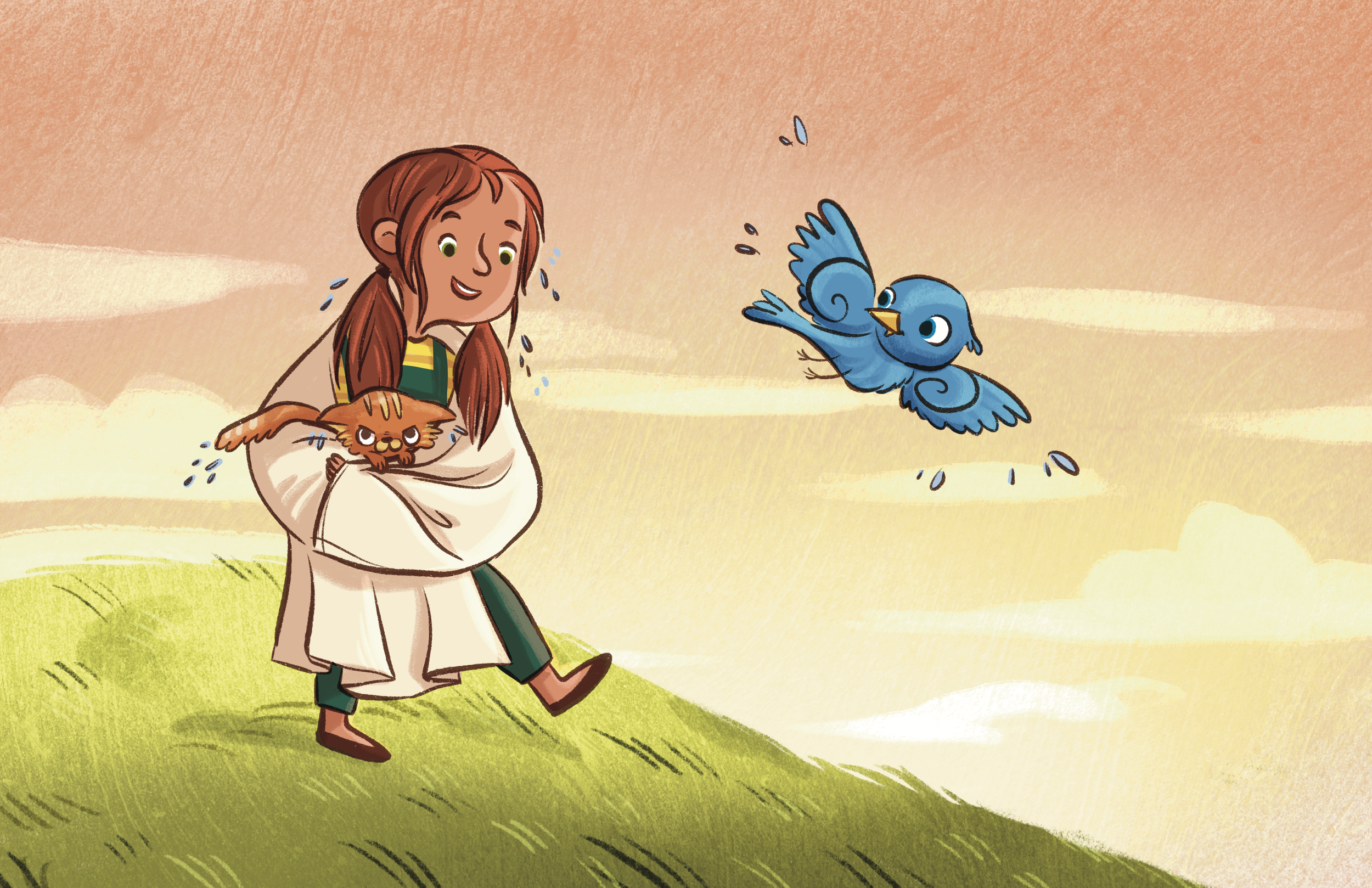 An illustrated scene of a young woman with long brown hair in a braid, wearing a cream-colored coat and green pants, holding a small orange kitten, standing on green grass. A blue bird is flying nearby, and the sky in the background is a gradient of orange and yellow.