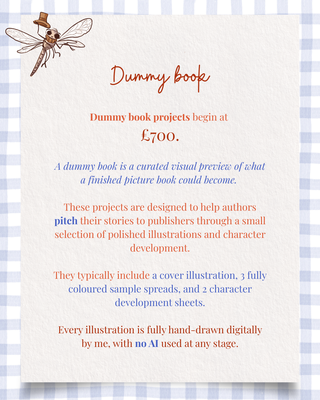 An informational flyer about dummy book projects, featuring a cartoon fly with a hat, with text describing the project details, starting price, and content.