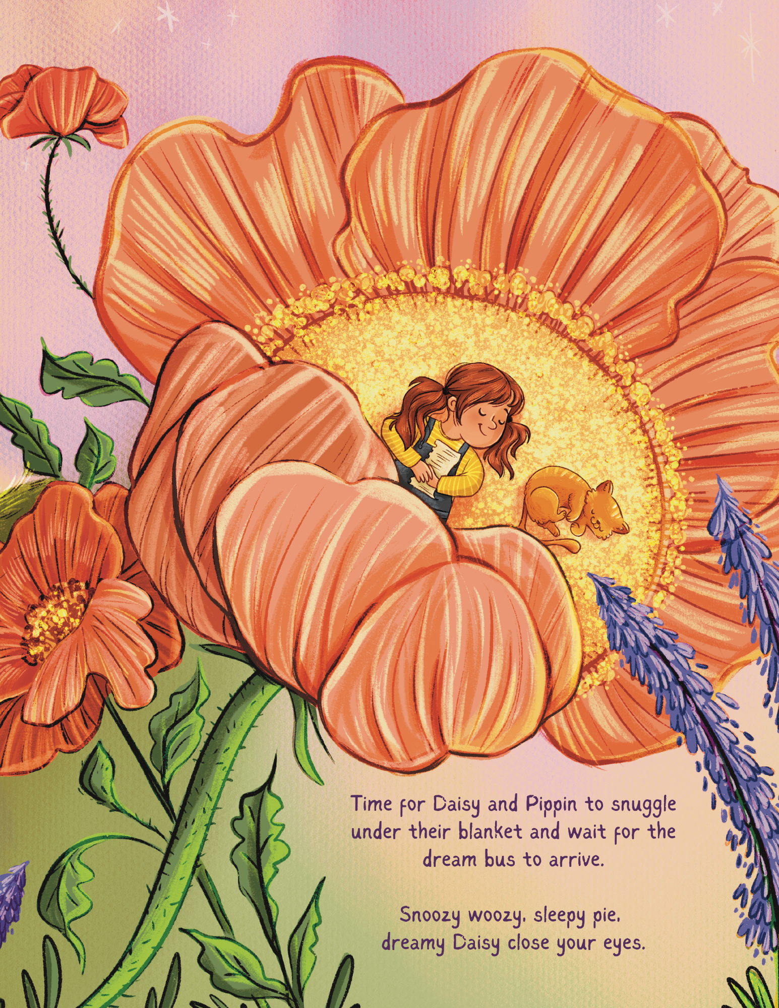 Illustration of large orange poppy flowers with a girl reading and cuddling with two kittens underneath the petals, with text about snoozing and dreaming.