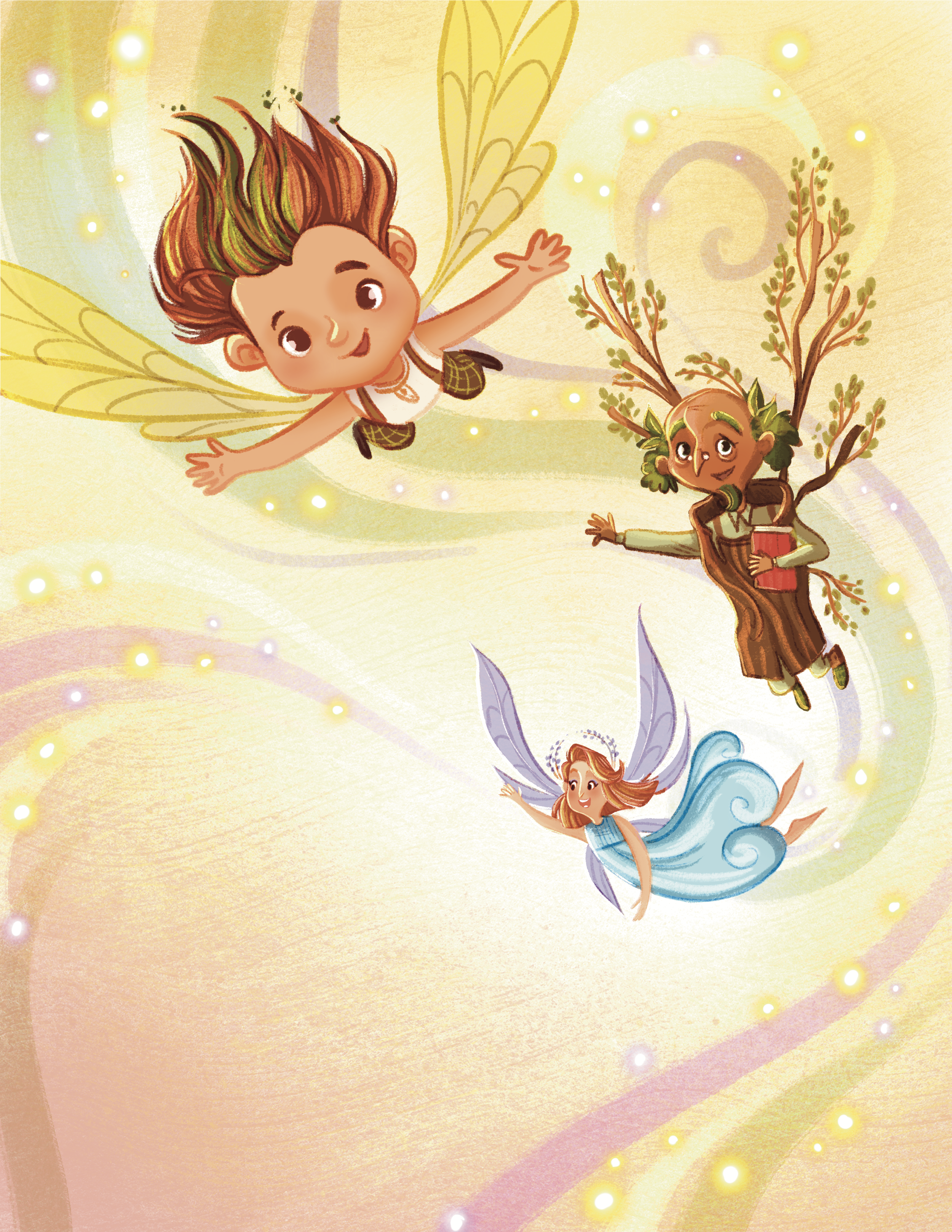 Three fairy characters flying in a glowing, colorful background with swirling patterns and bright light spots.