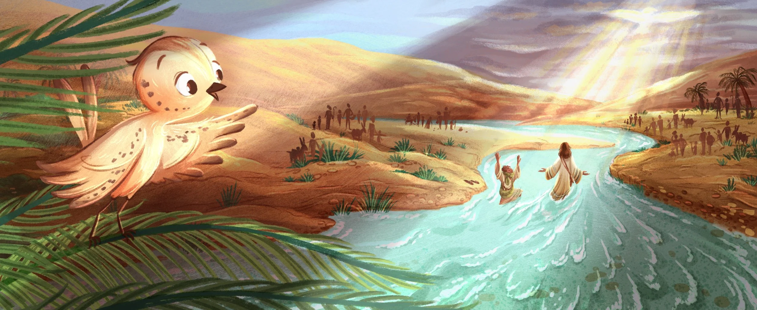 Colorful illustration of a biblical scene with a dove landing on a branch in the foreground, a river with two women in white robes washing themselves, and a crowd of people, animals, and palm trees in the background set in a desert landscape during s
