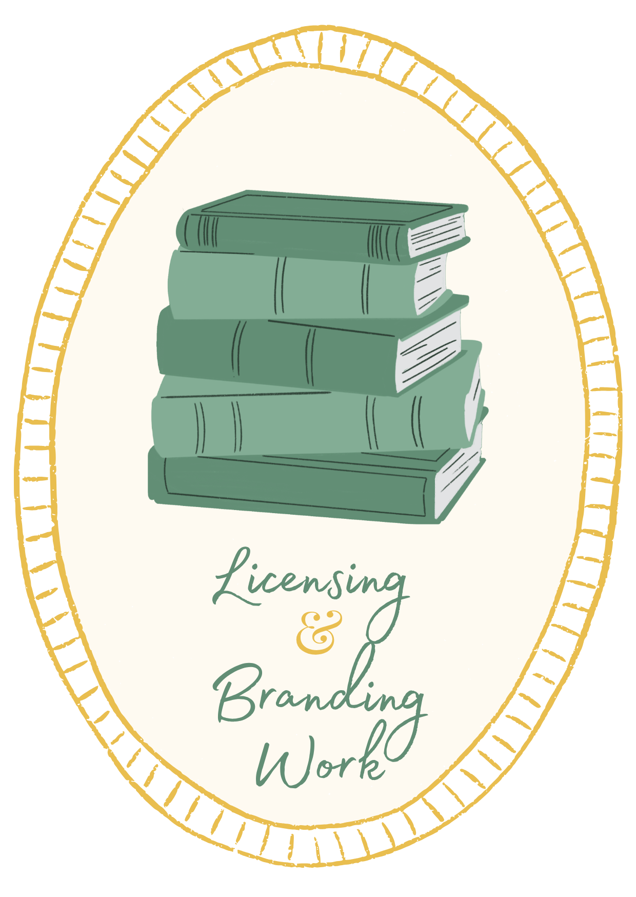 A stack of green books on a white background with gold accents and the text 'Licensing & Branding Work' beneath.