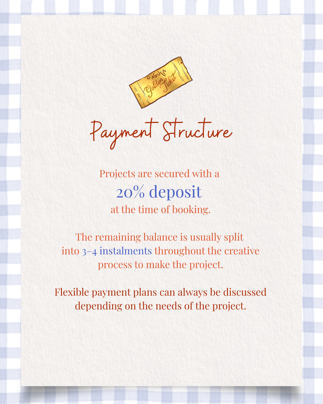 A printed page with a ticket graphic at the top, titled "Payment Structure" in large red cursive font. Text explains security deposits, installment payments, and flexible payment plans for creative projects, on a checkered blue and white background.