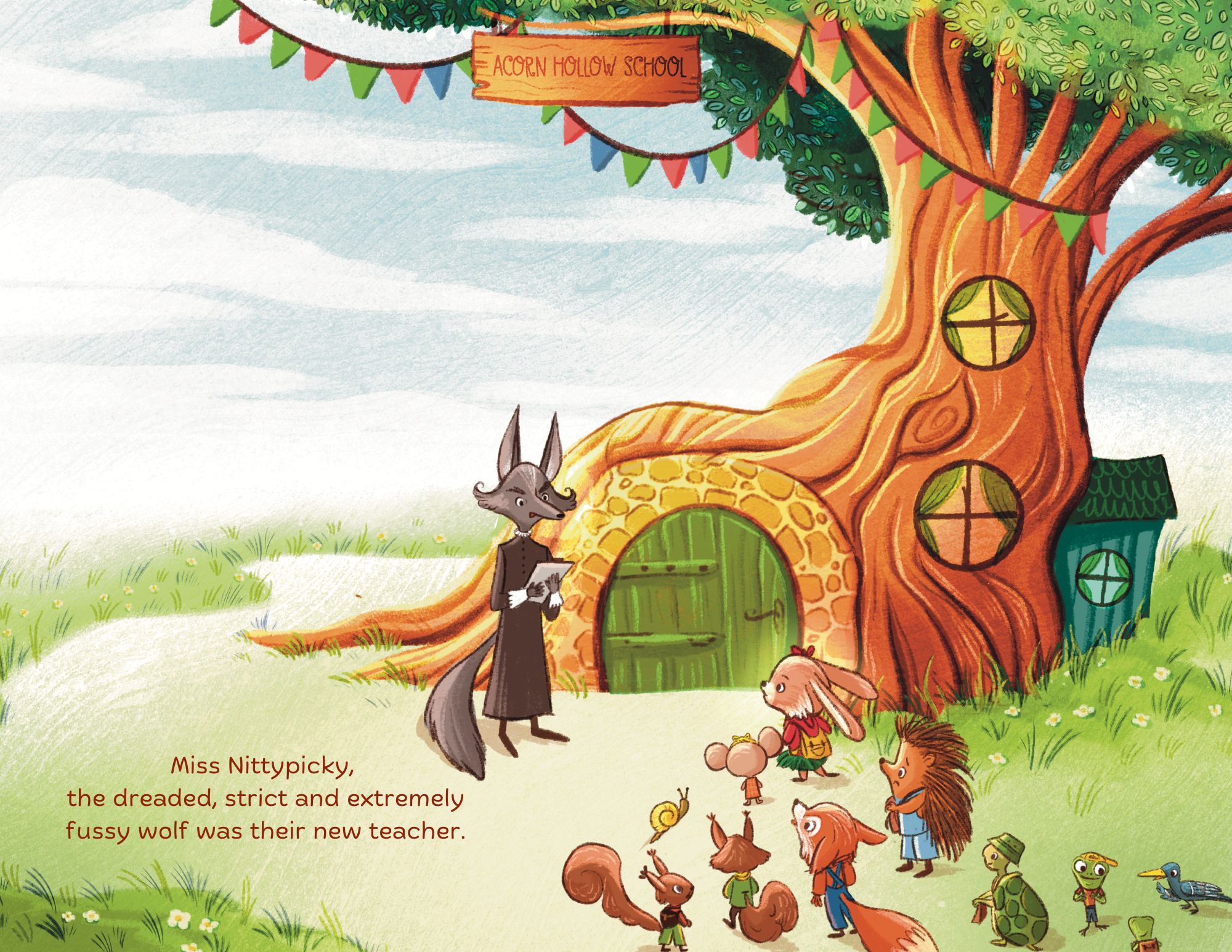 A colorful illustration of a large tree with several round windows, a green door, and a sign that reads 'Acorn Hollow School.' There are various animals and children around the tree, including a wolf with a book, a rabbit, a squirrel, and others, with grass and clouds in the background.