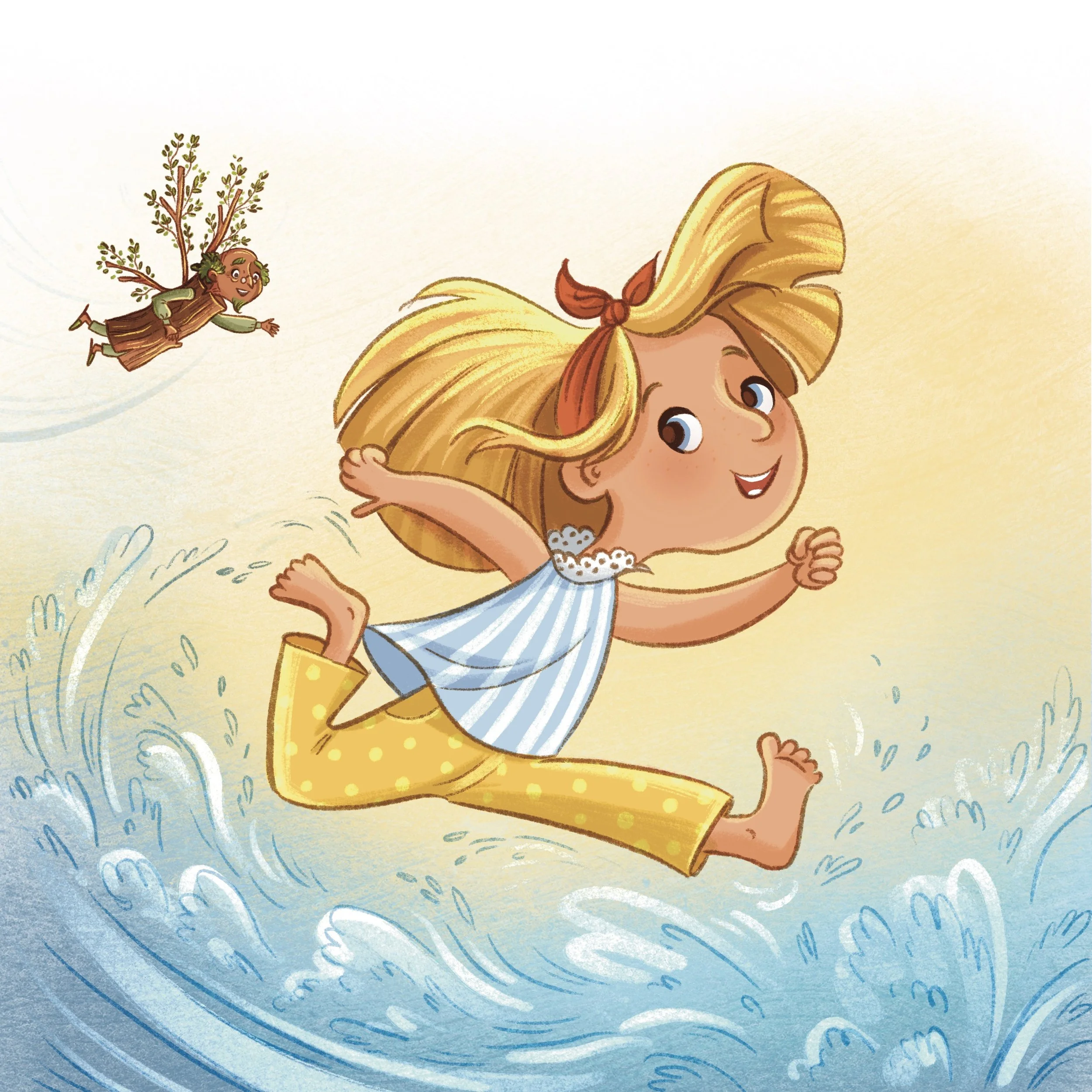 A cartoon illustration of a girl with long blonde hair running along a beach while a small person with a tree for a body, smiling, flies above her.