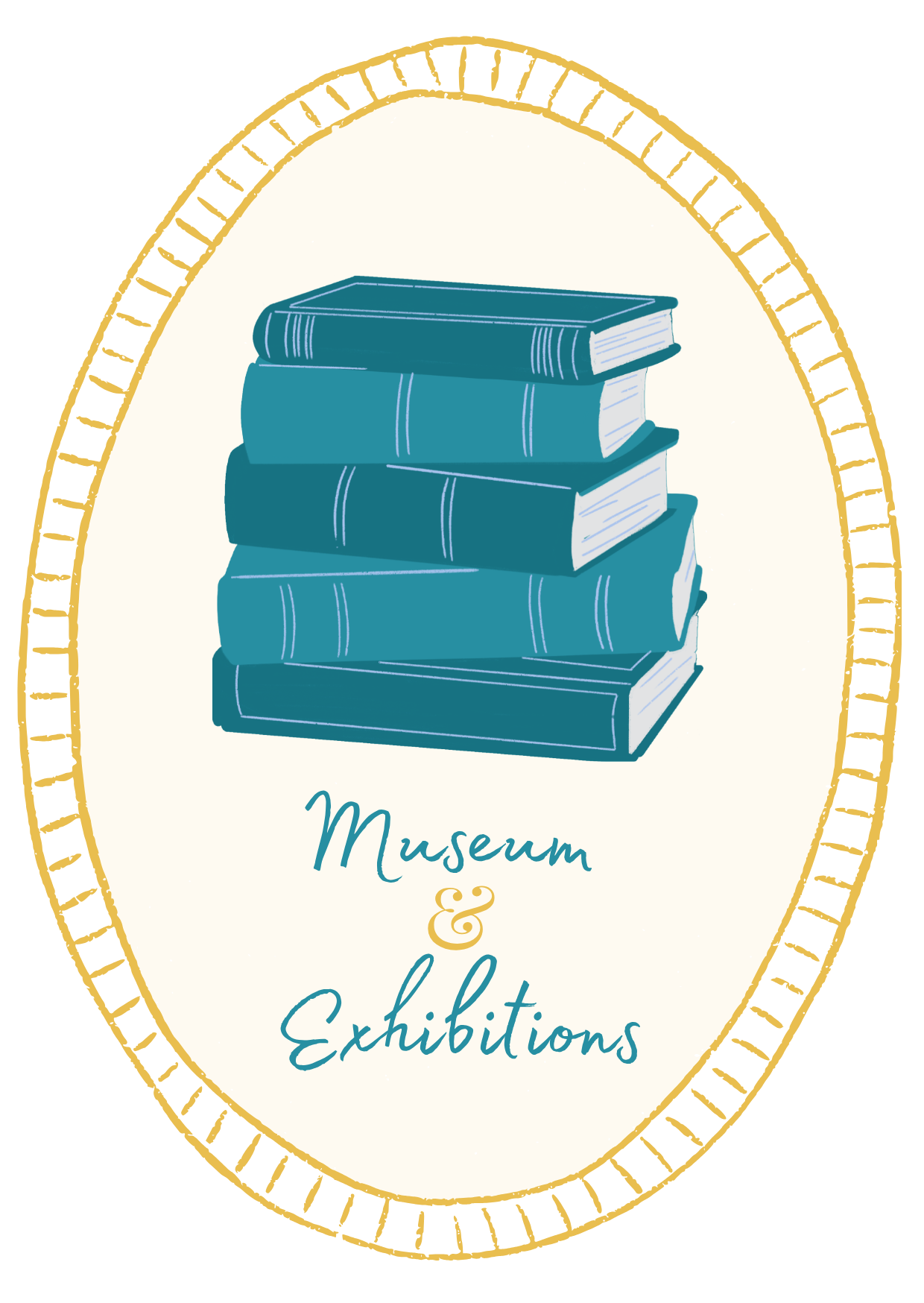 Illustration of a stack of blue books with the text 'Museum & Exhibitions' written below, on a decorative background.