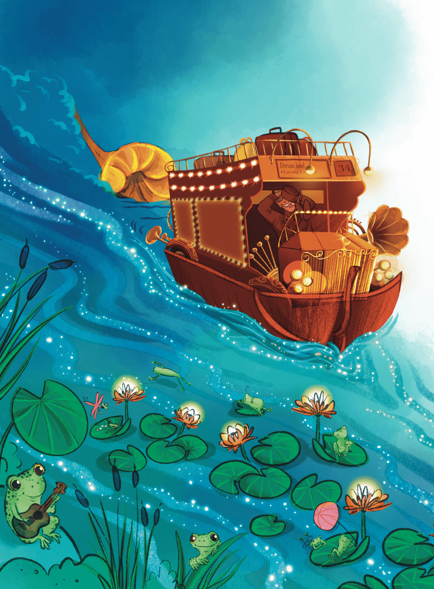Colorful illustration of a boat labeled 'Dream Land + Luna Land' floating on a pond with lily pads, frogs, frogs playing guitar, fireflies, and flowers, all under a glowing blue sky.