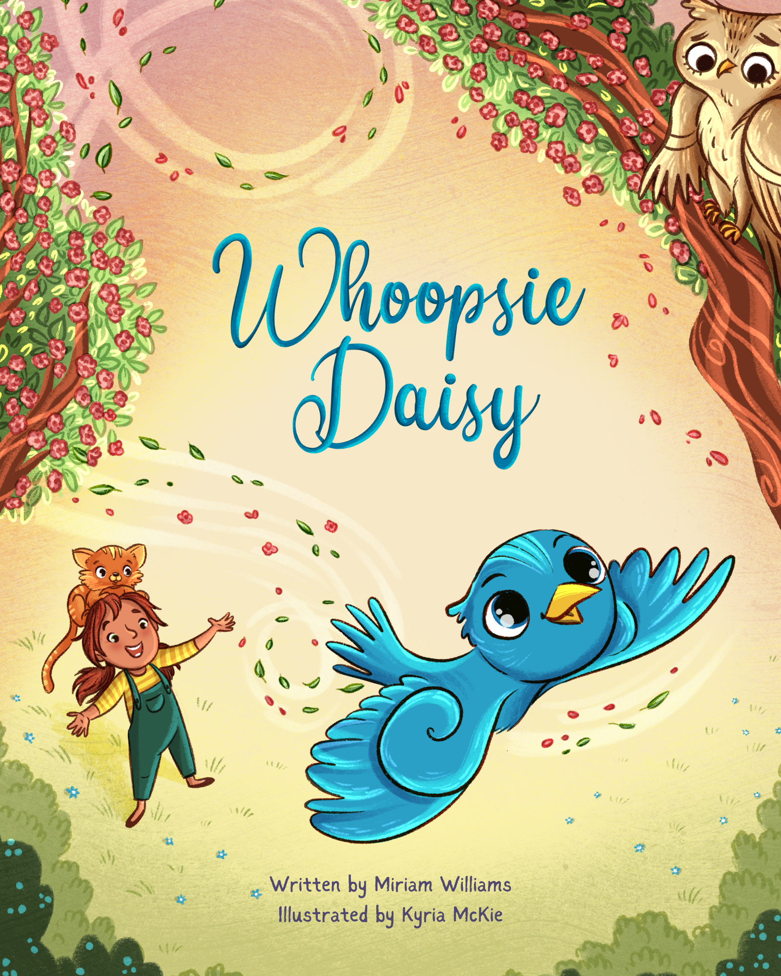 The cover of a children's book titled 'Whoopsie Daisy' features a cartoon-style illustration of a girl with a tiger on her shoulder and a blue bird with large eyes. The background is a sunny, grassy landscape with trees and small flowers.