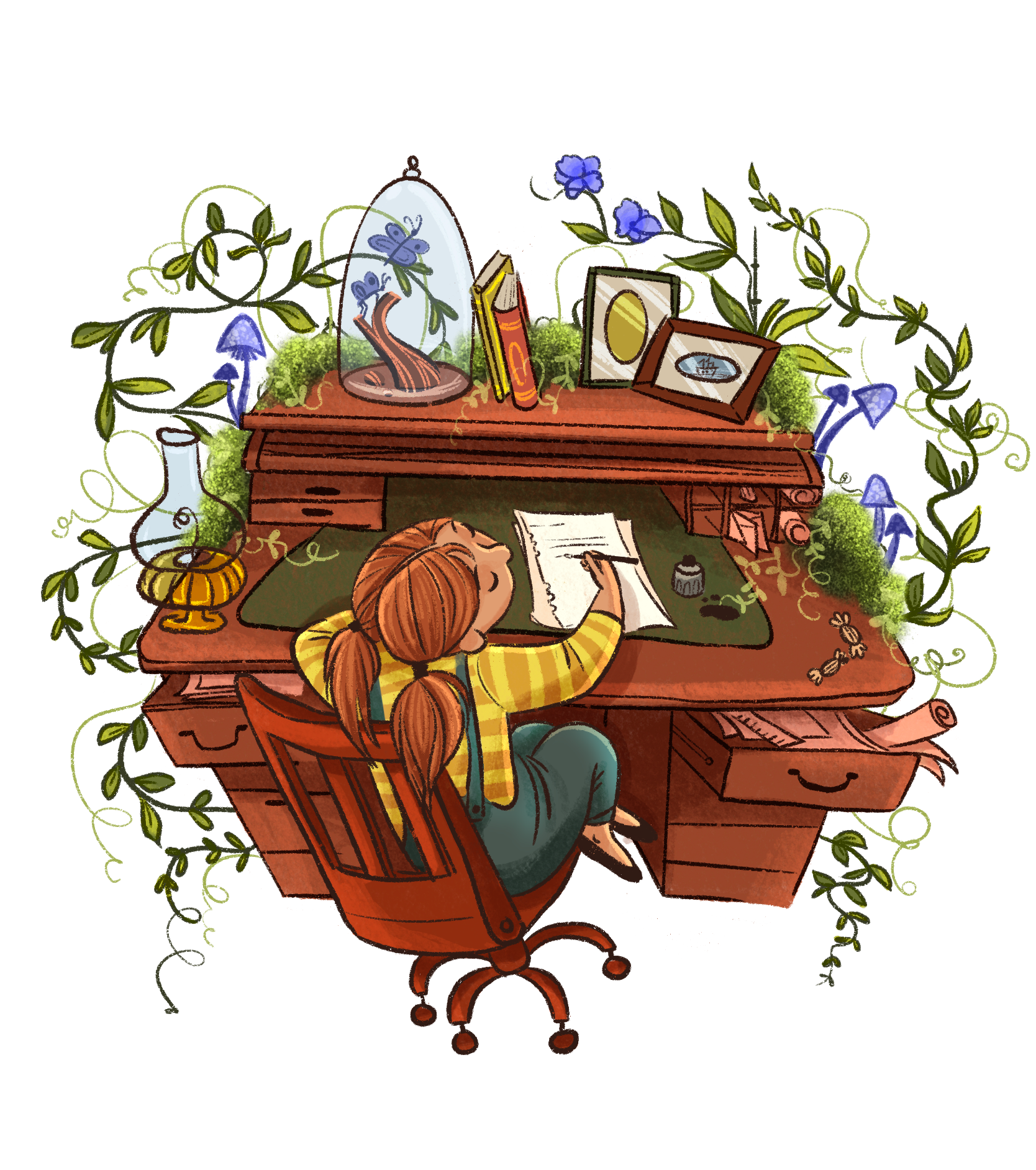A girl with red hair writing on paper at a desk filled with books, framed pictures, and decorative items. The desk is surrounded by greenery, blue flowers, and a small blue glass vase.
