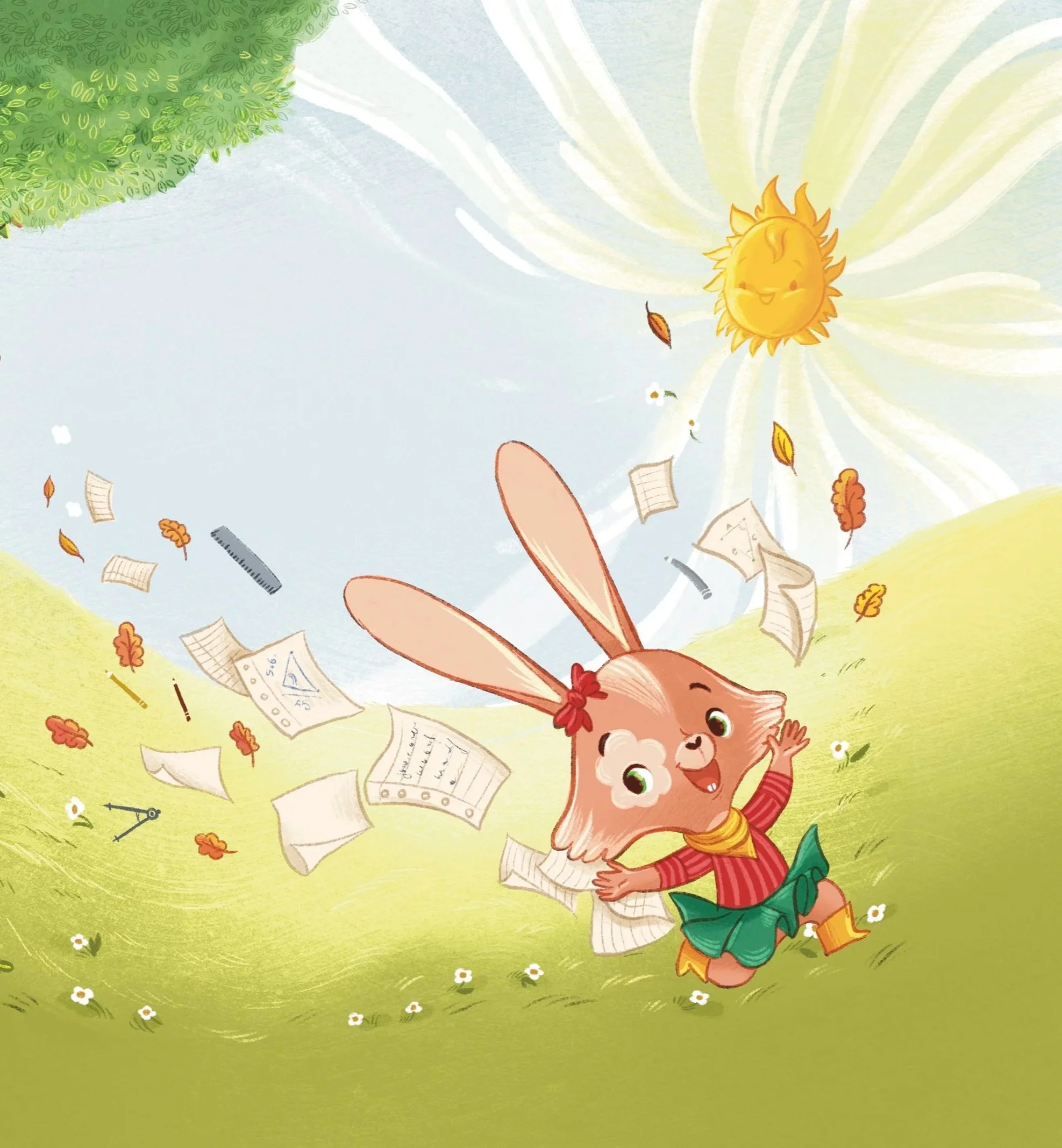 A colorful illustration showing a smiling sunflower with a face and arms, floating in the sky. The scene includes scattered papers, leaves, and objects falling around, with a bright, animated sun in the background shining rays. The sun has a cheerful face with closed eyes and a big smile, and there is a tree with lush green leaves on the top left corner.