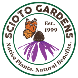 Scioto Gardens Logo with the words Native Plants. Natural Benefits. Includes a Purple coneflower and Monarch butterfly in the center with Est. 1999