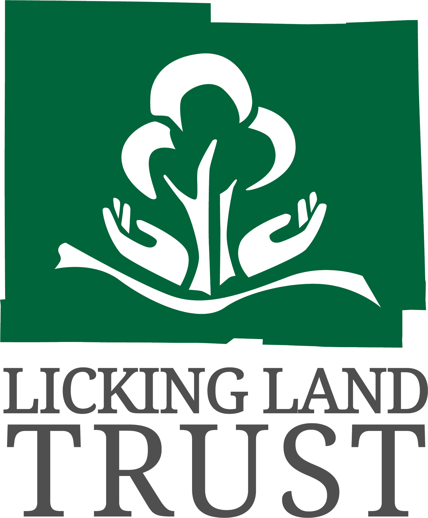 The Licking Land Trust logo with a tree and a person hands in green