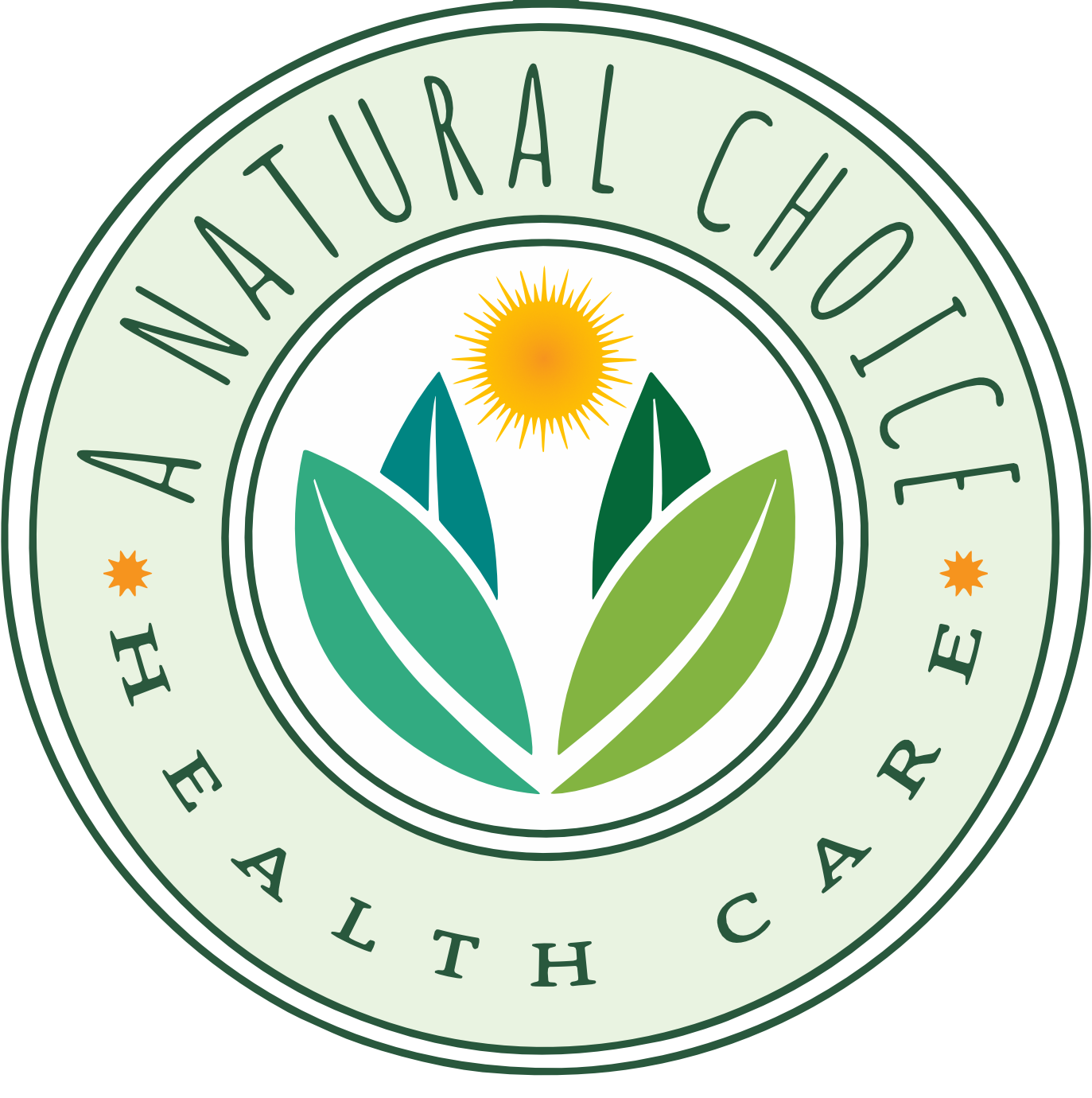 Eco-friendly logo with stylized green leaves and a yellow sun at the center, surrounded by the words "Natural Choice" and "Health Care" in green text.