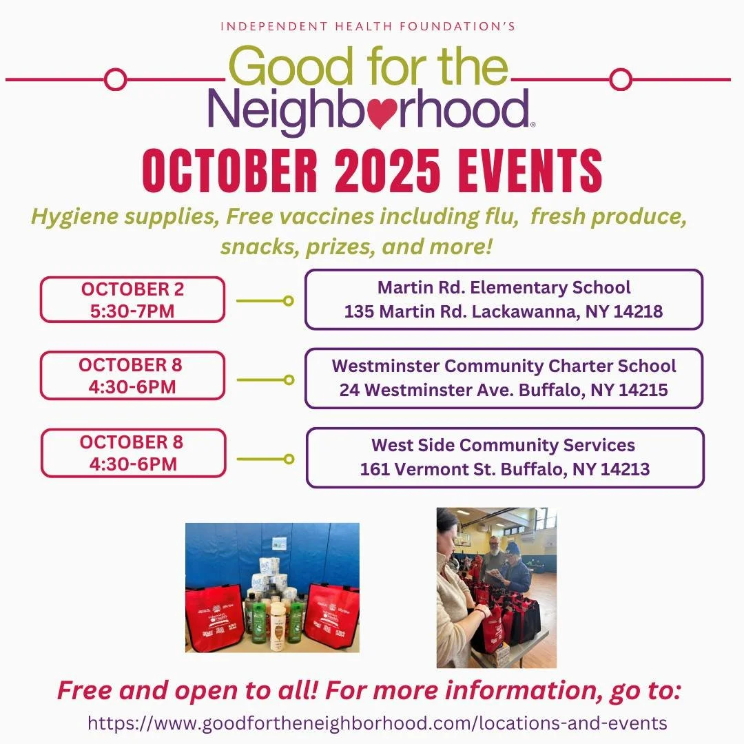 Our October Good for the Neighborhood events are right around the corner!
We will be offering:
-Fresh food to take home
-Free Food Samples 
-Free Hygiene Bags (while supplies last) 
-Free vaccines including Flu (please bring insurance card if you ha