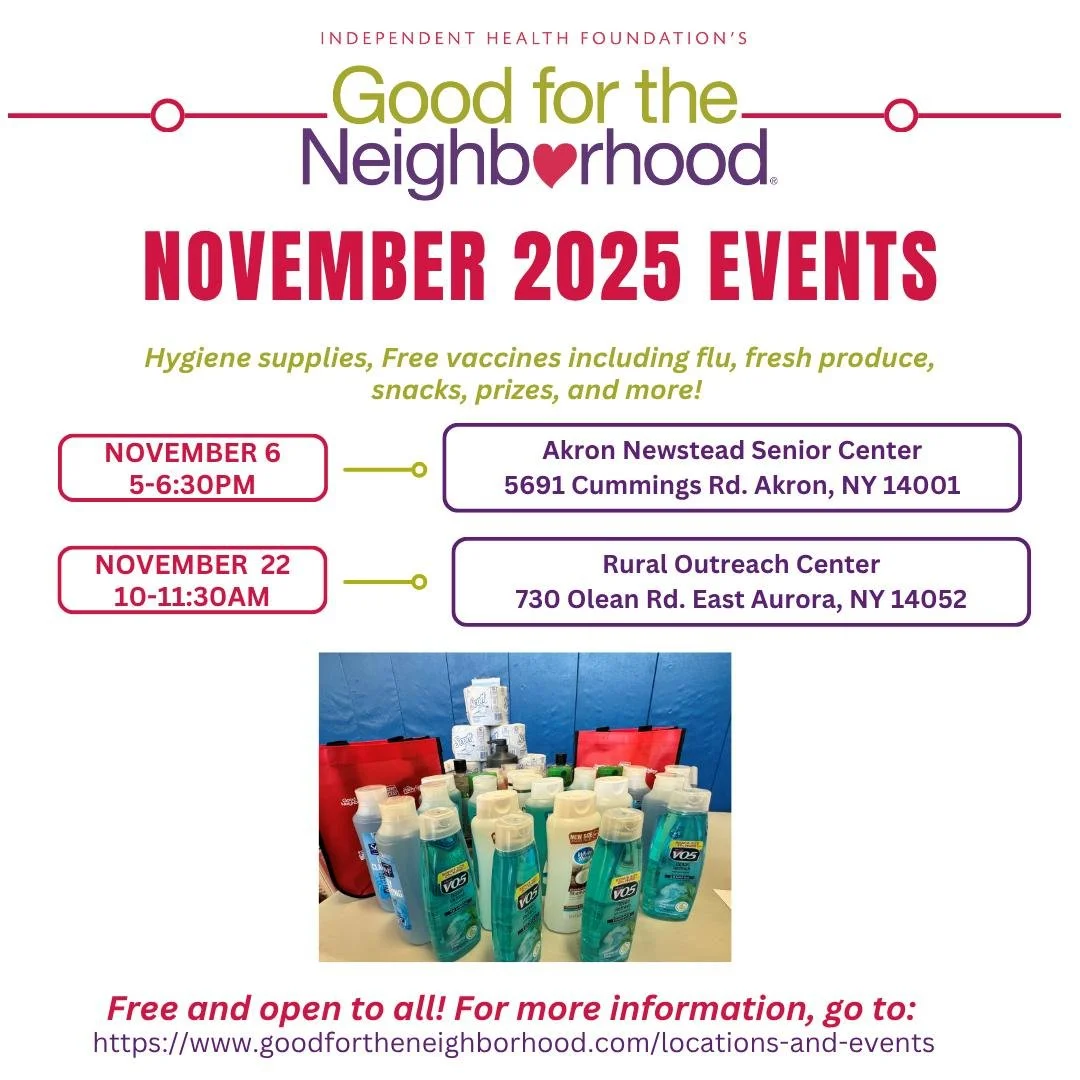 November Good for the Neighborhood events are here! 
We will be offering: 
-Free Hygiene Bags 
-Fresh food to take home 
-Free flu vaccines available. For all other vaccines, please bring your insurance card.
-Opportunities to connect with various c