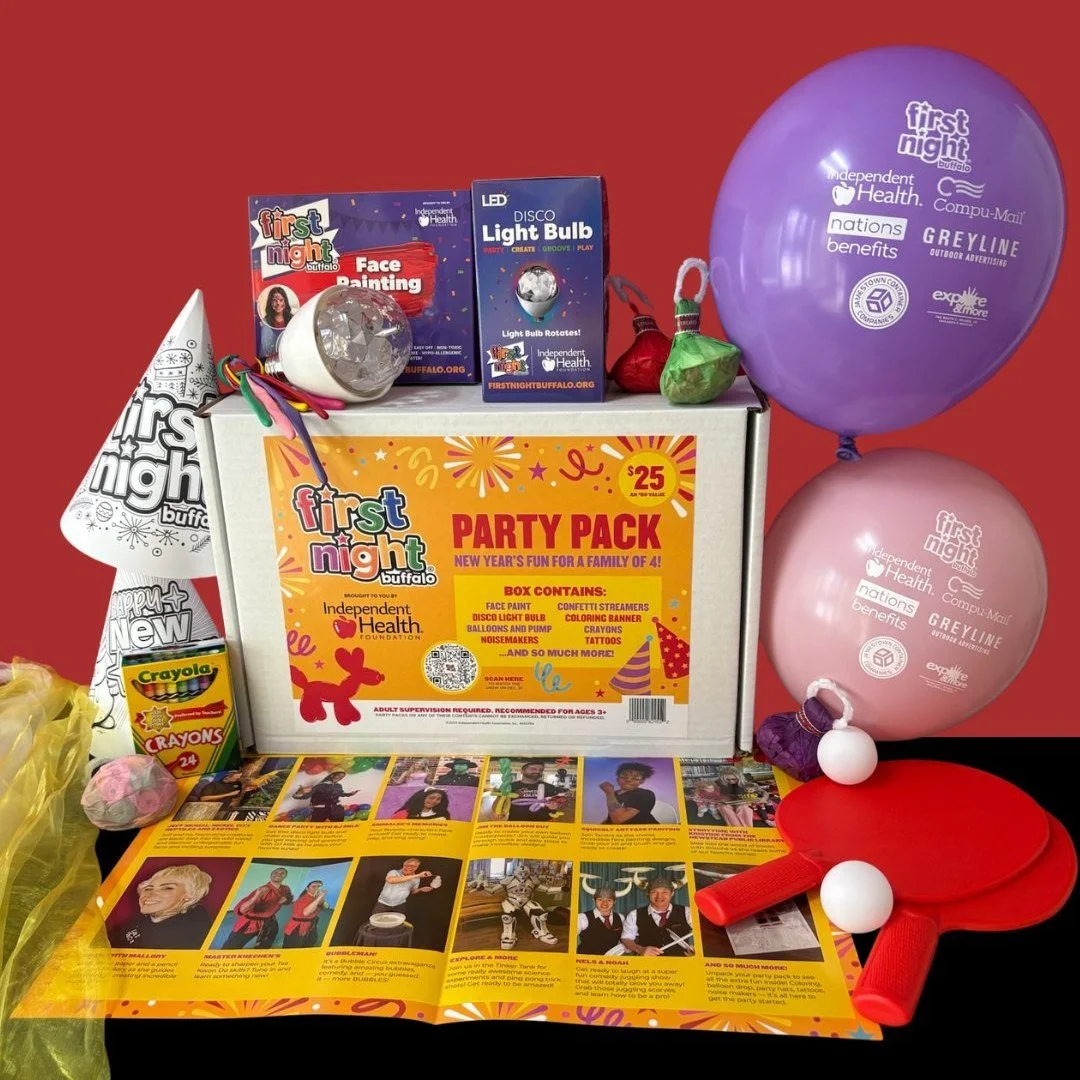 Check out what's inside the First Night Buffalo 2026 Party Pack‼️

🎶 Access to your favorite performers
💡 Disco lightbulb
🎫 2 children's tickets to @exploremorewny 
🎈 Balloons, face paint, party hats, noisemakers and so much more!

Grab your Part