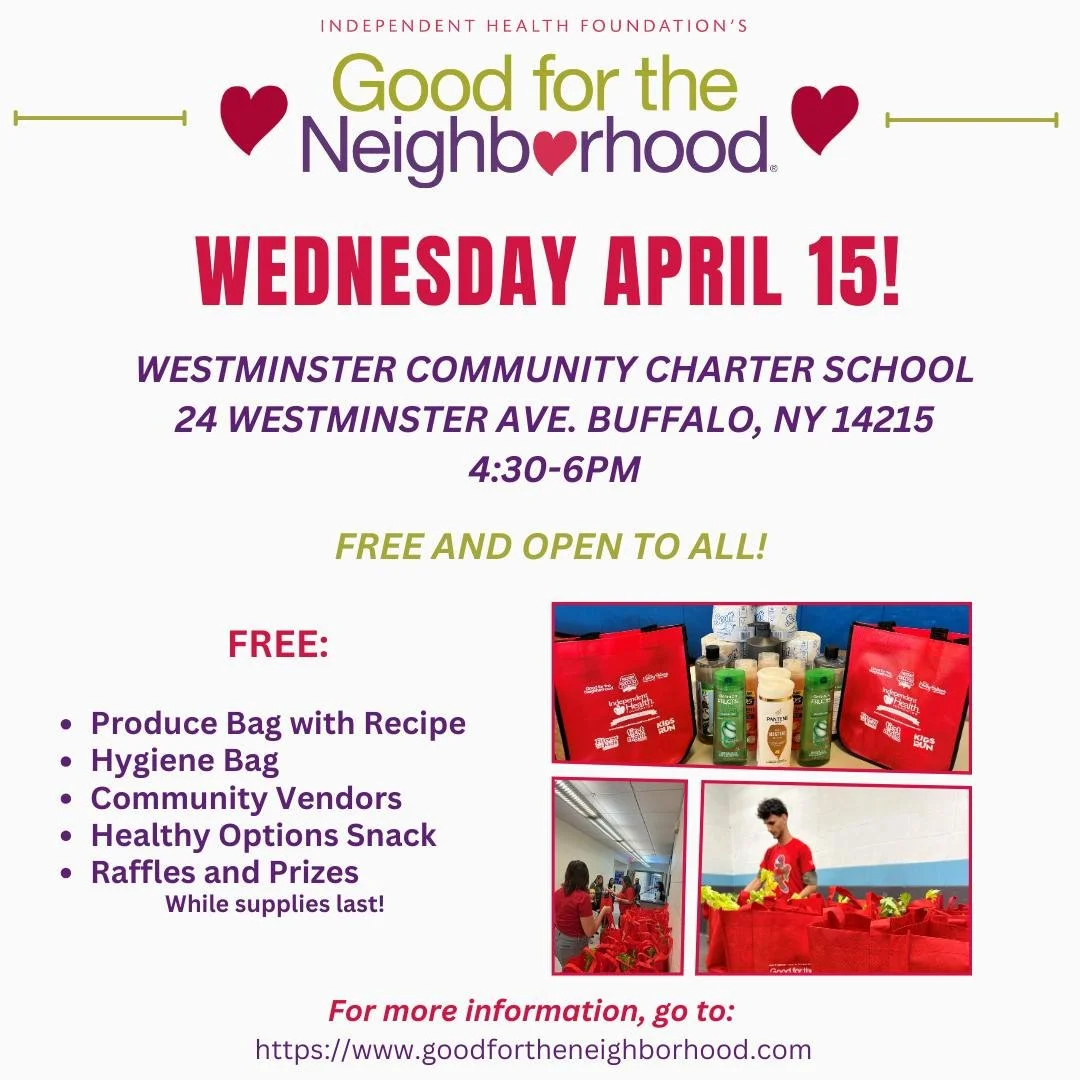 📅Wednesday April 15th! Good for the Neighborhood! 
📍Westminster Community Charter School - 24 Westminster Ave. Buffalo, NY 14215
⏰4:30-6pm 
✨Free and open to all!