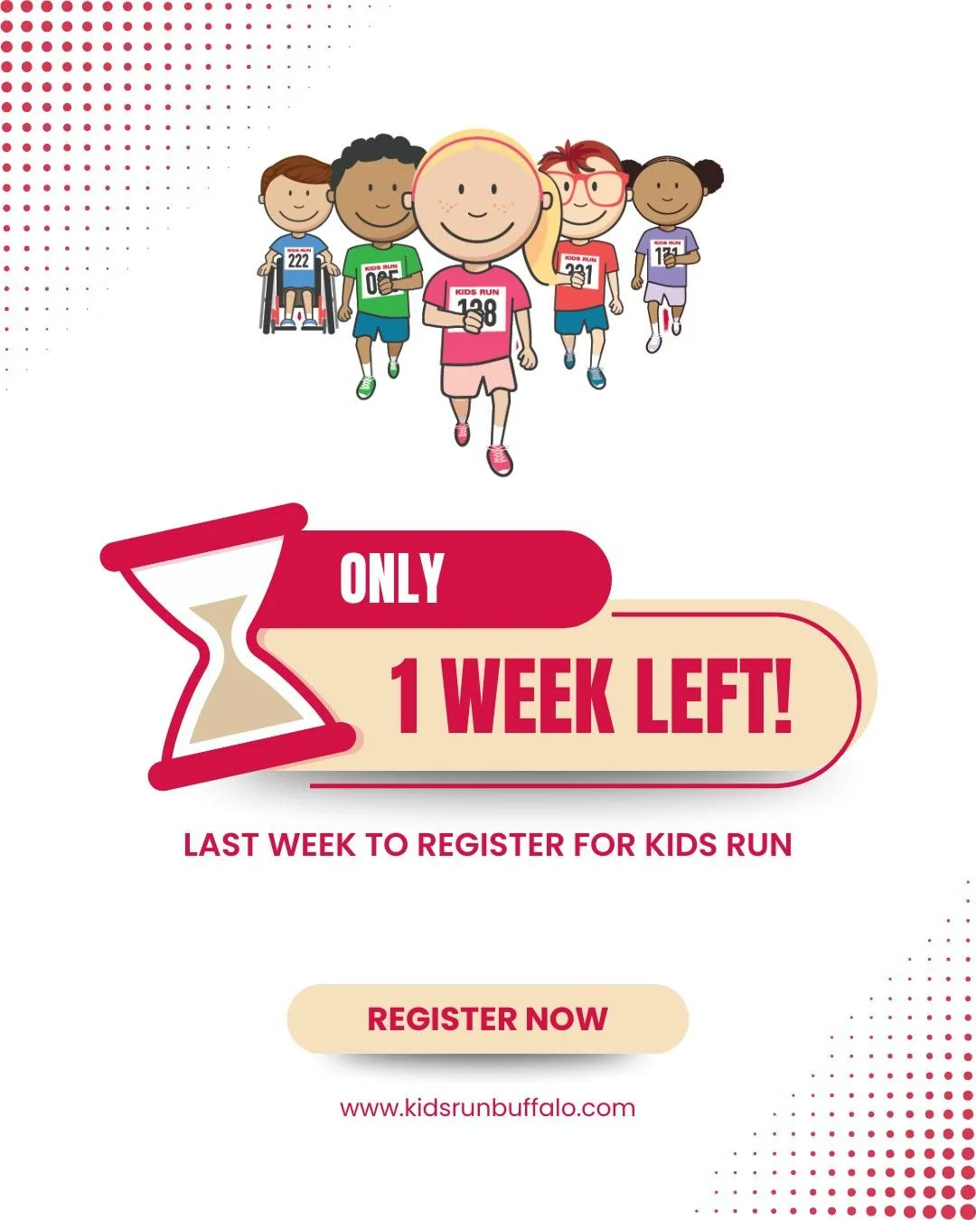 Only 1 Week Left to Register for Kids Run🏃🏻&zwj;♀️🏃🏽

We want to see you and your family at Delaware Park on June 6th. Click the link below and register today!👟
www.kidsrunbuffalo.com