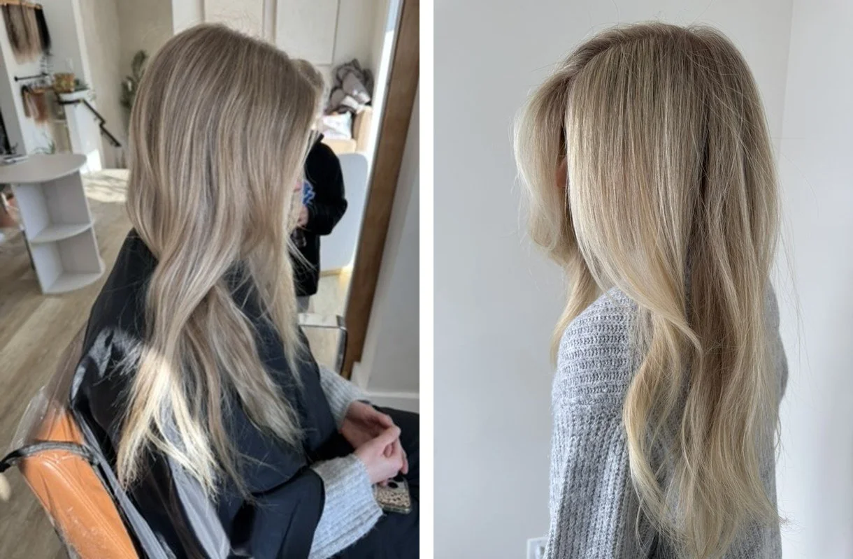 Before and after Lakeshore Blonde by Sarah Huff in Grand Haven, MI: faded, uneven blonde to creamy, dimensional lived-in blonde