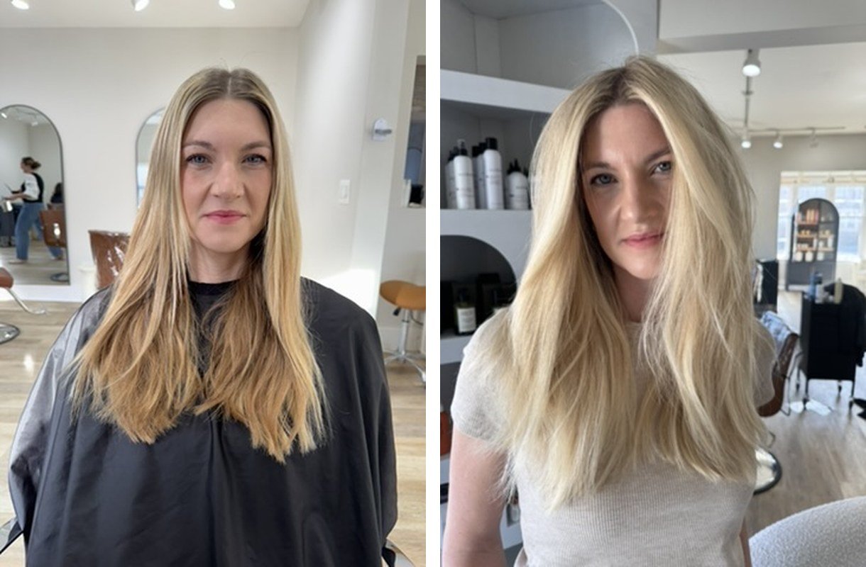 Before and after salty blonde by Sarah Huff in Grand Haven, MI: warm, golden lengths to bright, beachy salty blonde