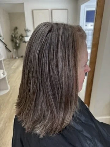 Before Lakeshore Grey grey blending in Grand Haven, MI: brunette hair with scattered grey coming in