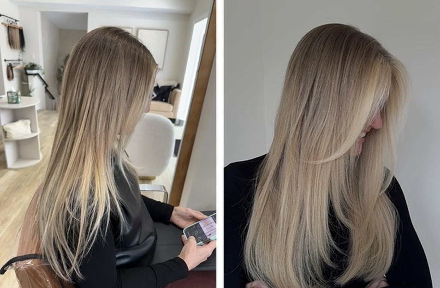 Before and after seamless hair extensions in Grand Haven, MI: thin, see-through blonde ends to thick, polished long blonde by Sarah Huff