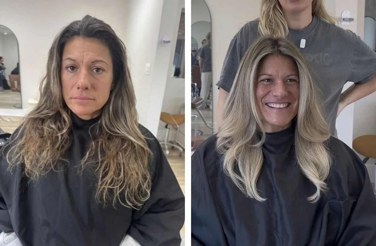 Before and after lived-in blonde by Sarah Huff in Grand Haven, MI: grown-out brunette with old highlights to soft, blended blonde
