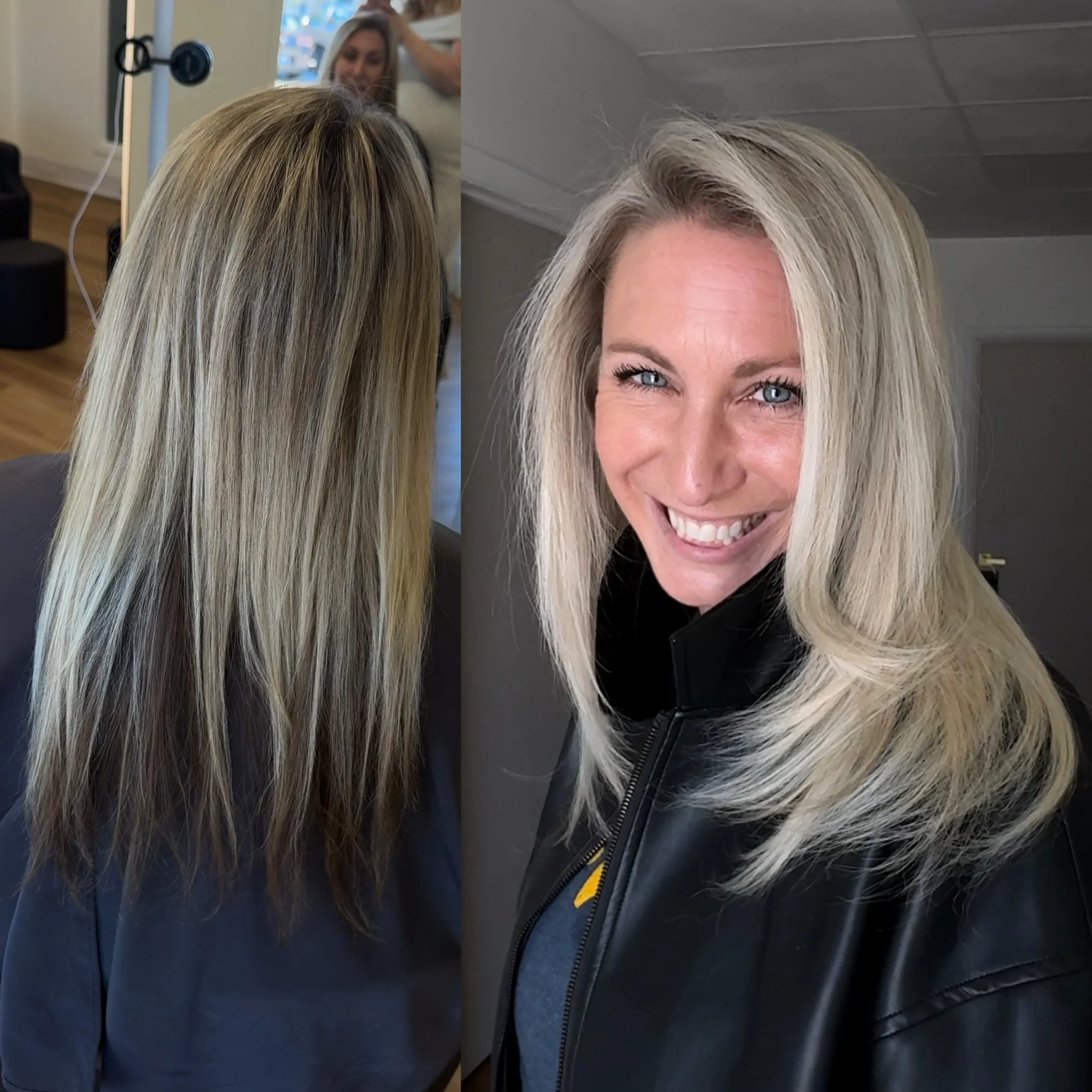 Before and after: grown-out highlights turned into a bright, blended blonde by Sarah Huff in Grand Haven, MI