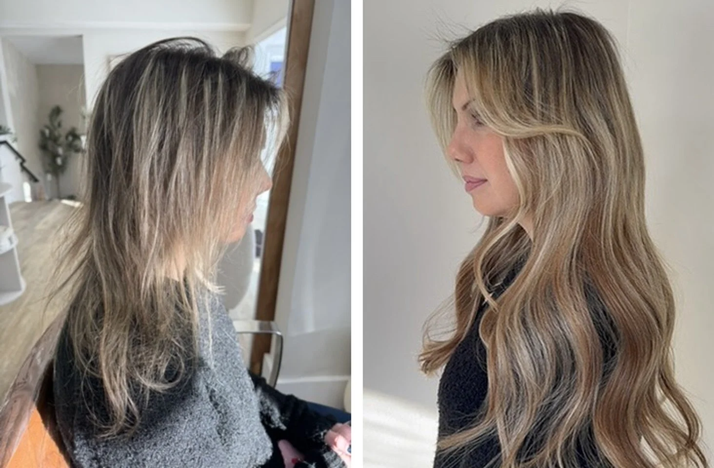 Before and after seamless hair extensions in Grand Haven, MI: thin, wispy blonde layers to long, full, wavy bronde by Sarah Huff
