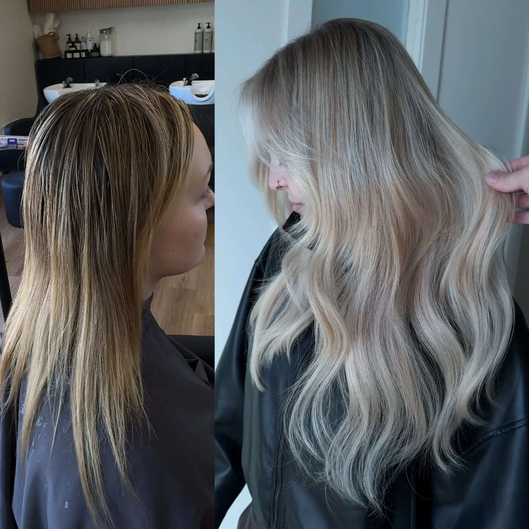 Before and after: warm, streaky highlights transformed into a bright, dimensional lived-in blonde by Sarah Huff in Grand Haven, MI