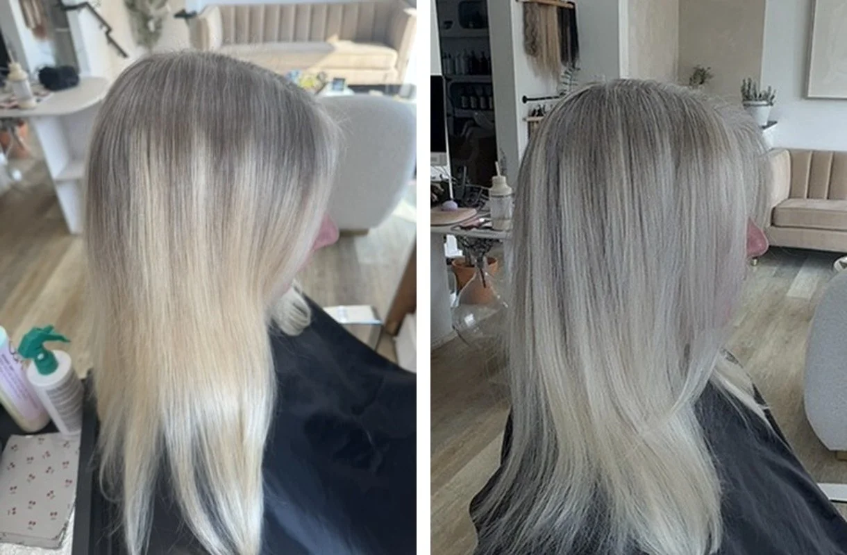 Before and after grey blending by Sarah Huff in Grand Haven, MI: grown-out blonde with grey regrowth to soft, icy blonde that blends the grey