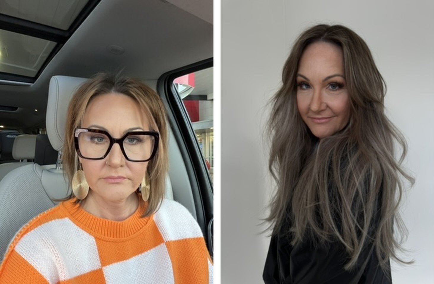 Before and after seamless hair extensions in Grand Haven, MI: short chin-length hair to long, full ash brown hair by Sarah Huff