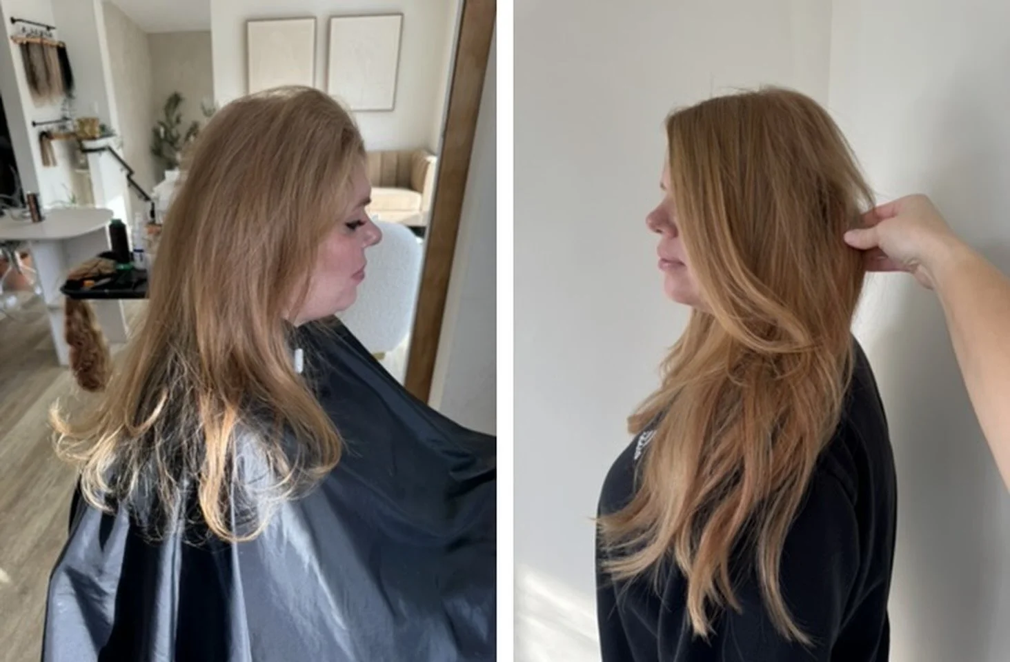 Before and after seamless hair extensions in Grand Haven, MI: fine strawberry blonde hair to longer, fuller, blended layers by Sarah Huff