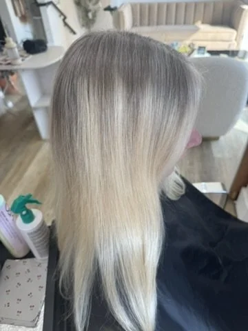 Before Lakeshore Grey grey blending in Grand Haven, MI: grown-out blonde with grey regrowth and a visible root line