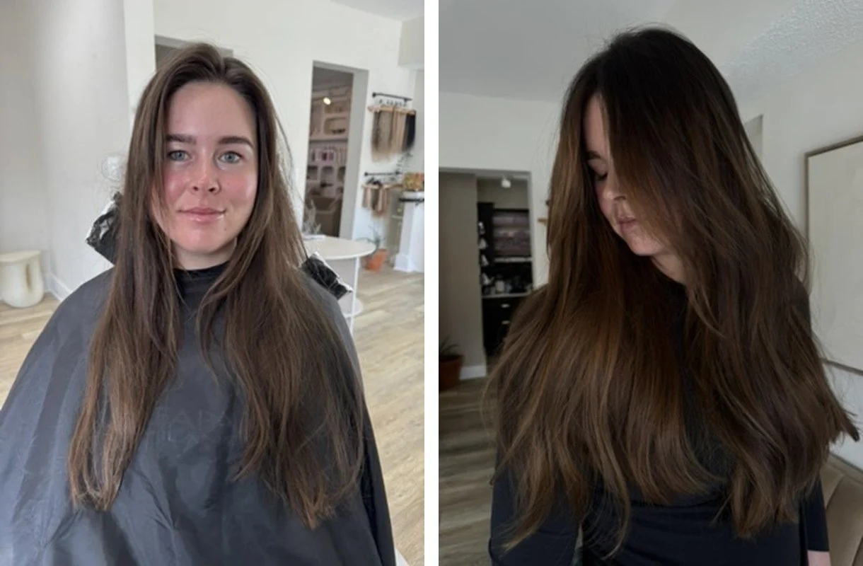 Before and after coastal brunette by Sarah Huff in Grand Haven, MI: flat, one-tone brown to rich, sun-kissed lived-in brunette