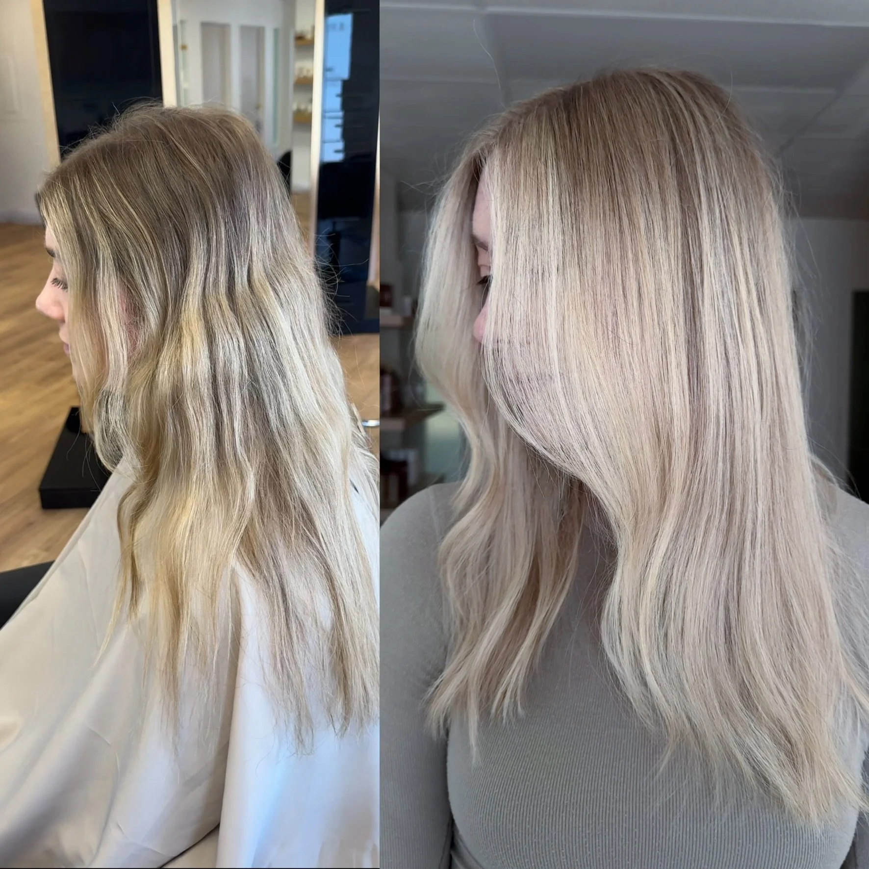 Before and after: brassy, uneven blonde refreshed into a soft, creamy Lakeshore Blonde by Sarah Huff in Grand Haven, MI