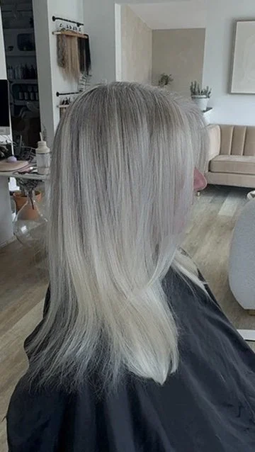 After Lakeshore Grey grey blending by Sarah Huff in Grand Haven, MI: soft, icy blonde that blends the grey with no harsh root line