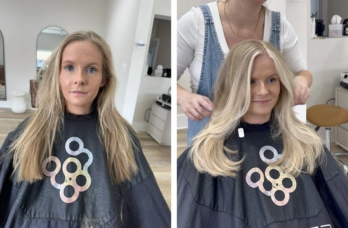 Before and after Lakeshore Blonde by Sarah Huff in Grand Haven, MI: grown-out, brassy blonde to bright, soft lived-in blonde
