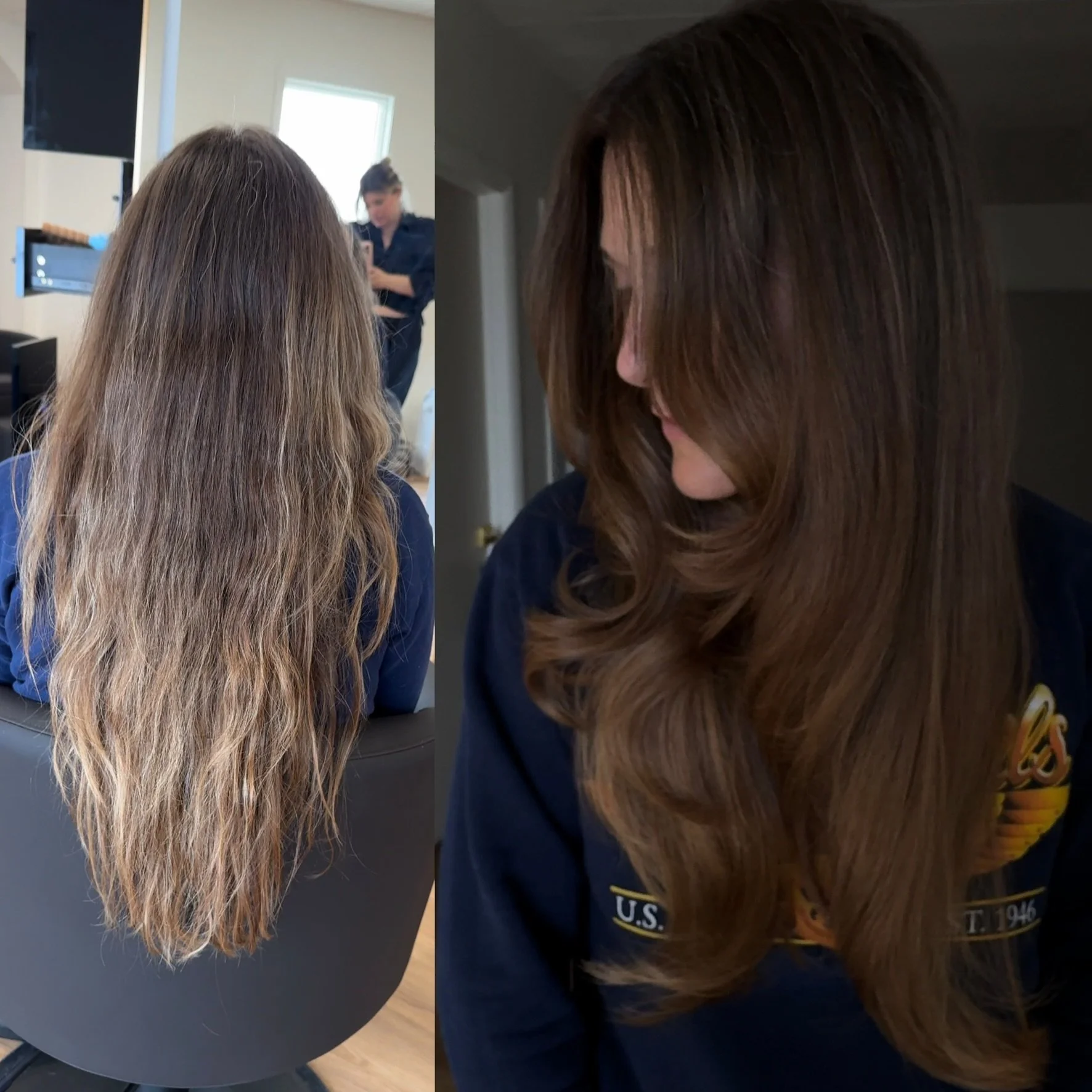Before and after: faded brunette refreshed into a rich, glossy lived-in brunette by Sarah Huff in Grand Haven, MI