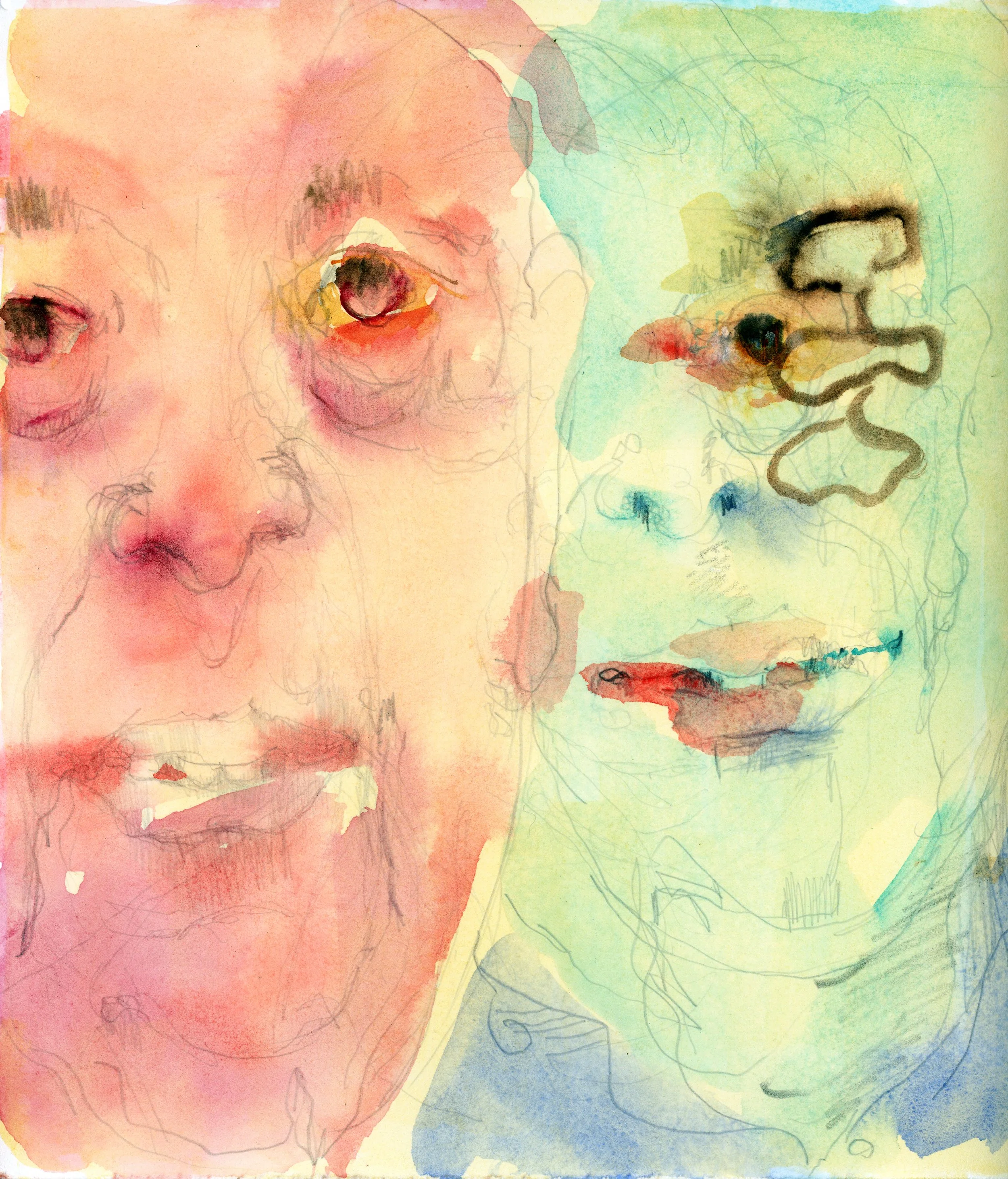 Double-headed Daddy, 10"x10", watercolor and pencil, 2025