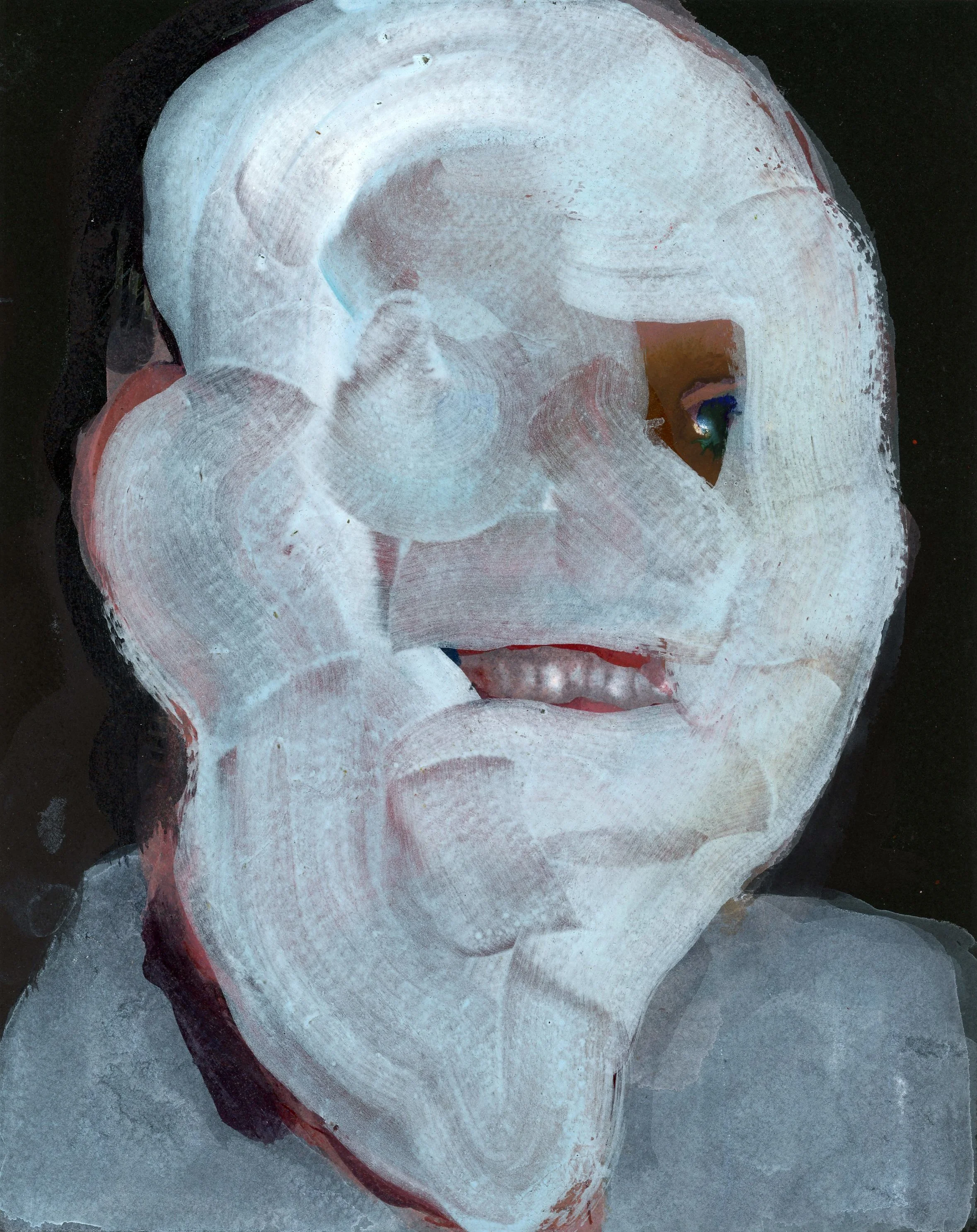 Blue Mask, 8" x 10:, watercolor, gesso, black paper, 2024