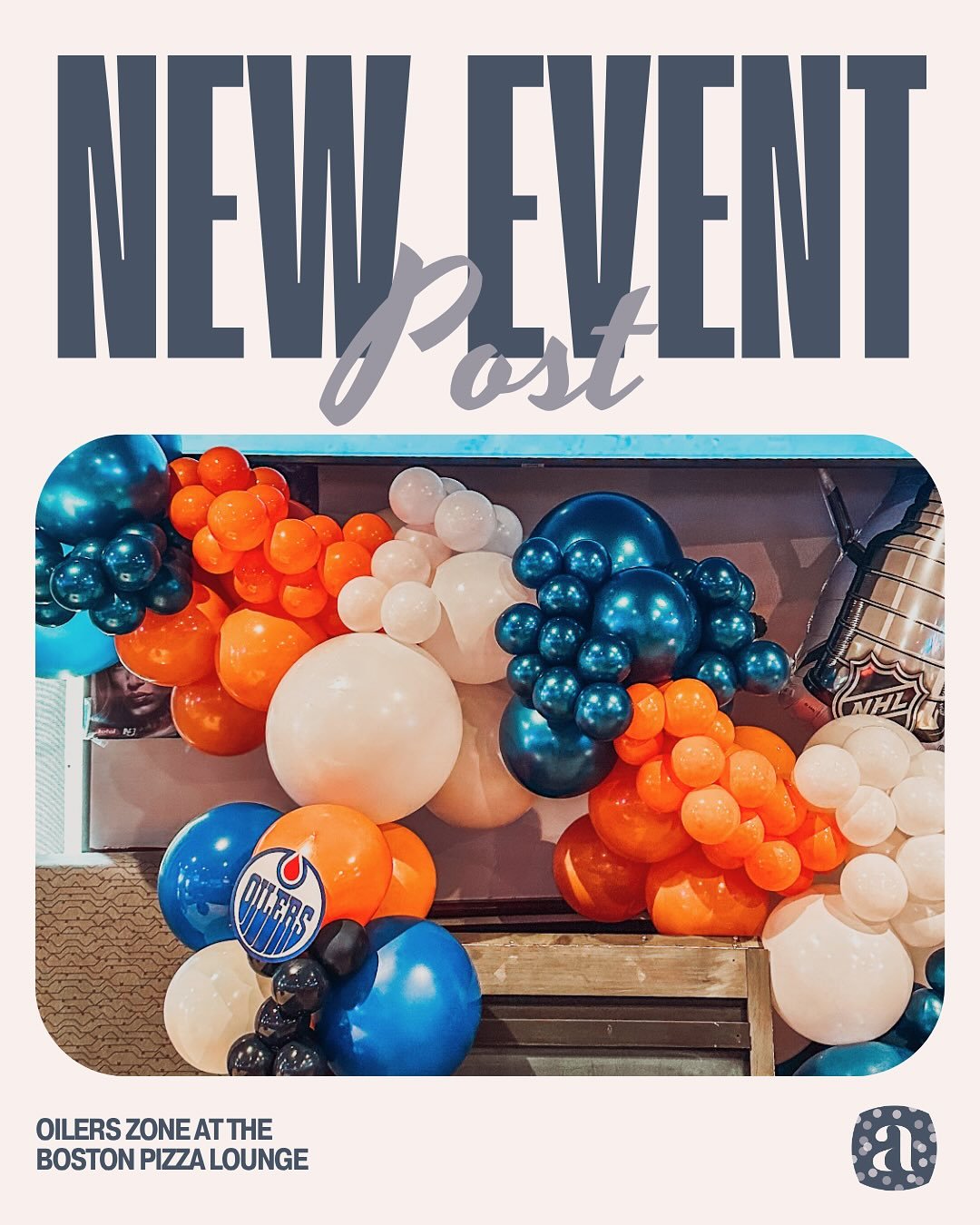 🚨OILERS ZONE ACTIVATED🚨
.
We brought the blue and orange energy to the Boston Pizza Lounge @bpdawsoncreek with this bold and bubbly setup! 🧡💙⚪️ From hockey pucks to Stanley Cups, this balloon install is all about celebrating our Oilers in style.
